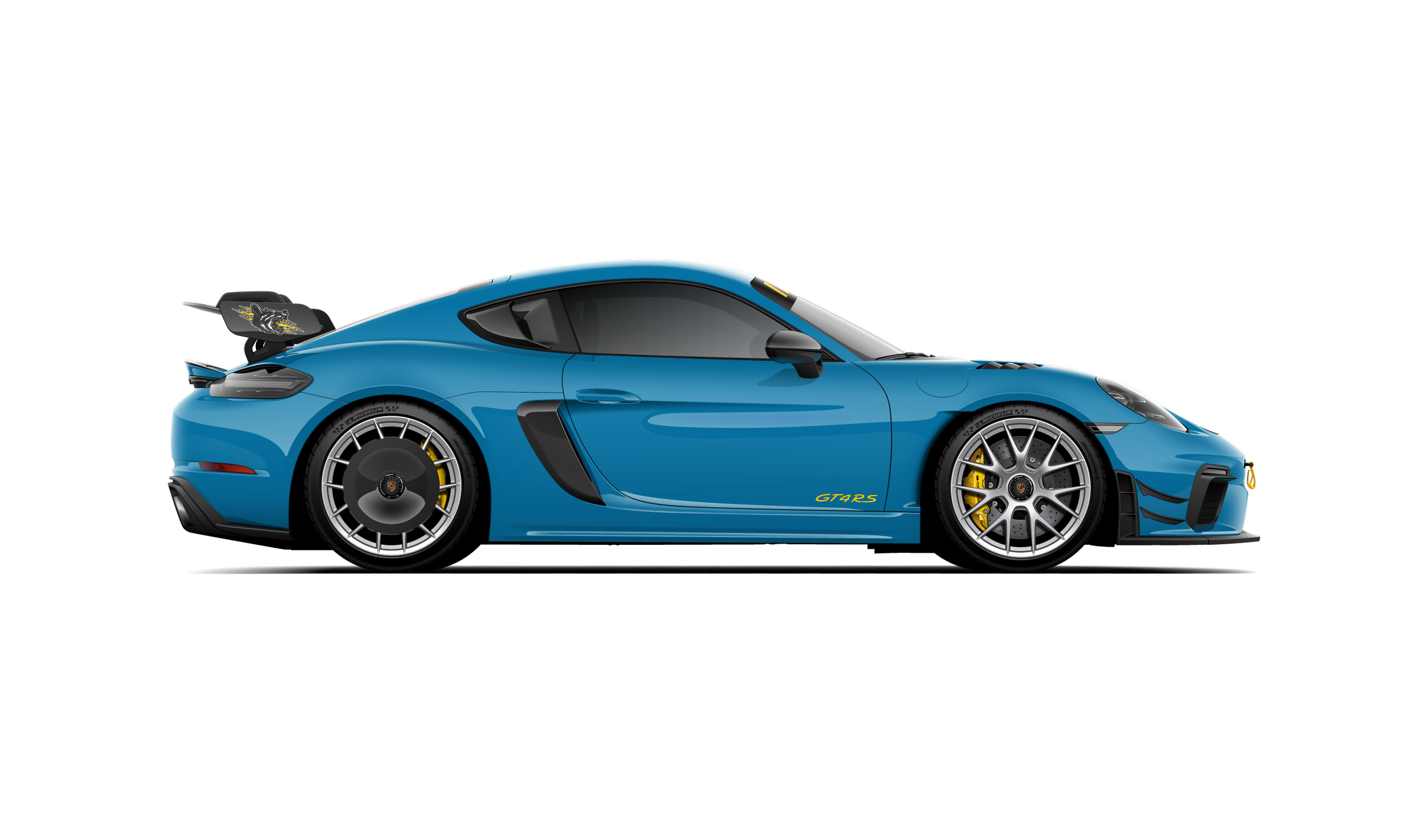 side profile view of custom automotive artwork of a paint to sample Oslo Blue Porsche 718 GT4RS with a manthey racing aero package. 