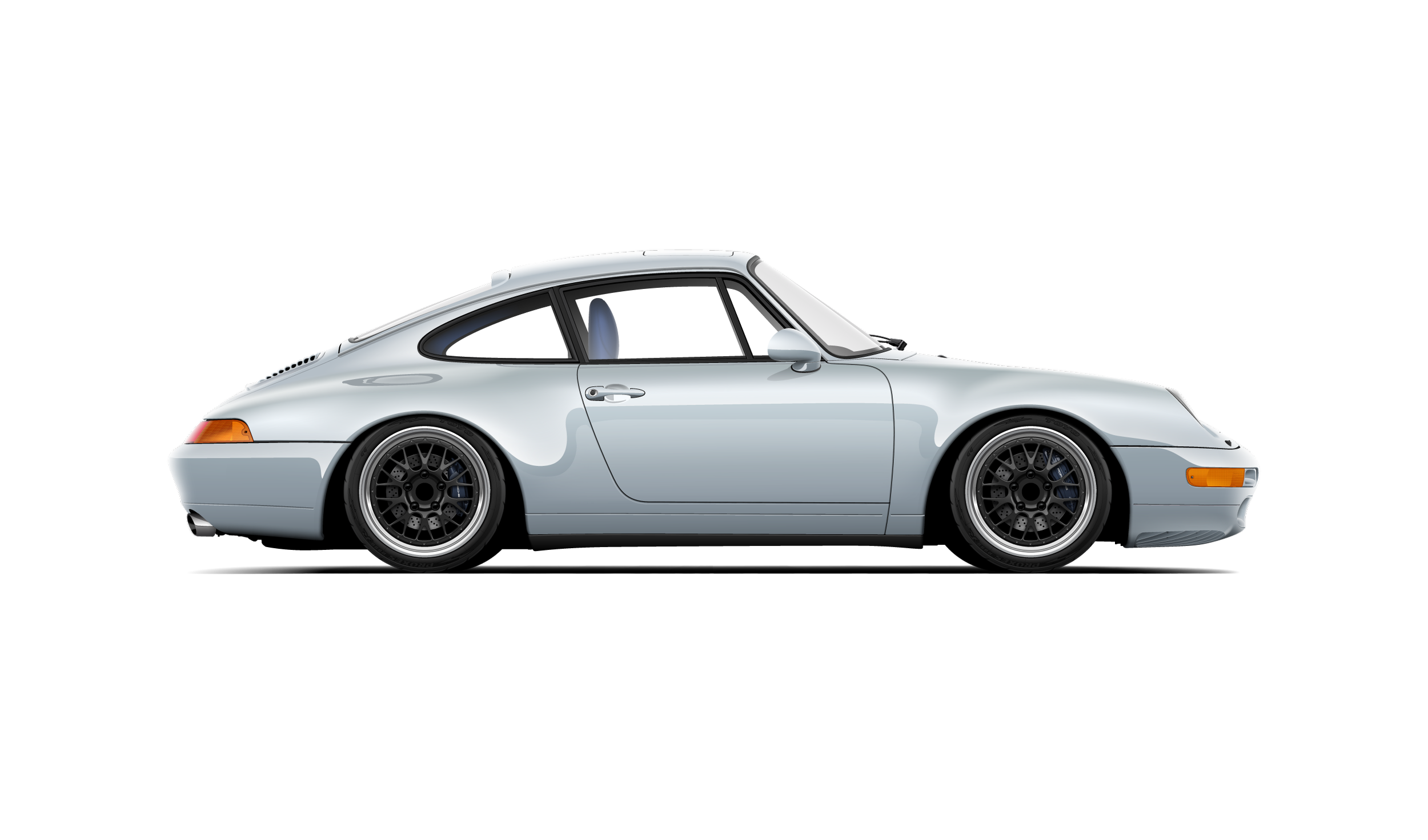 Custom artwork, hand made digital vector side profile illustration of an arctic silver 993 porsche 911 carrera 2 with blue interior lowered on black bbs e88 wheels