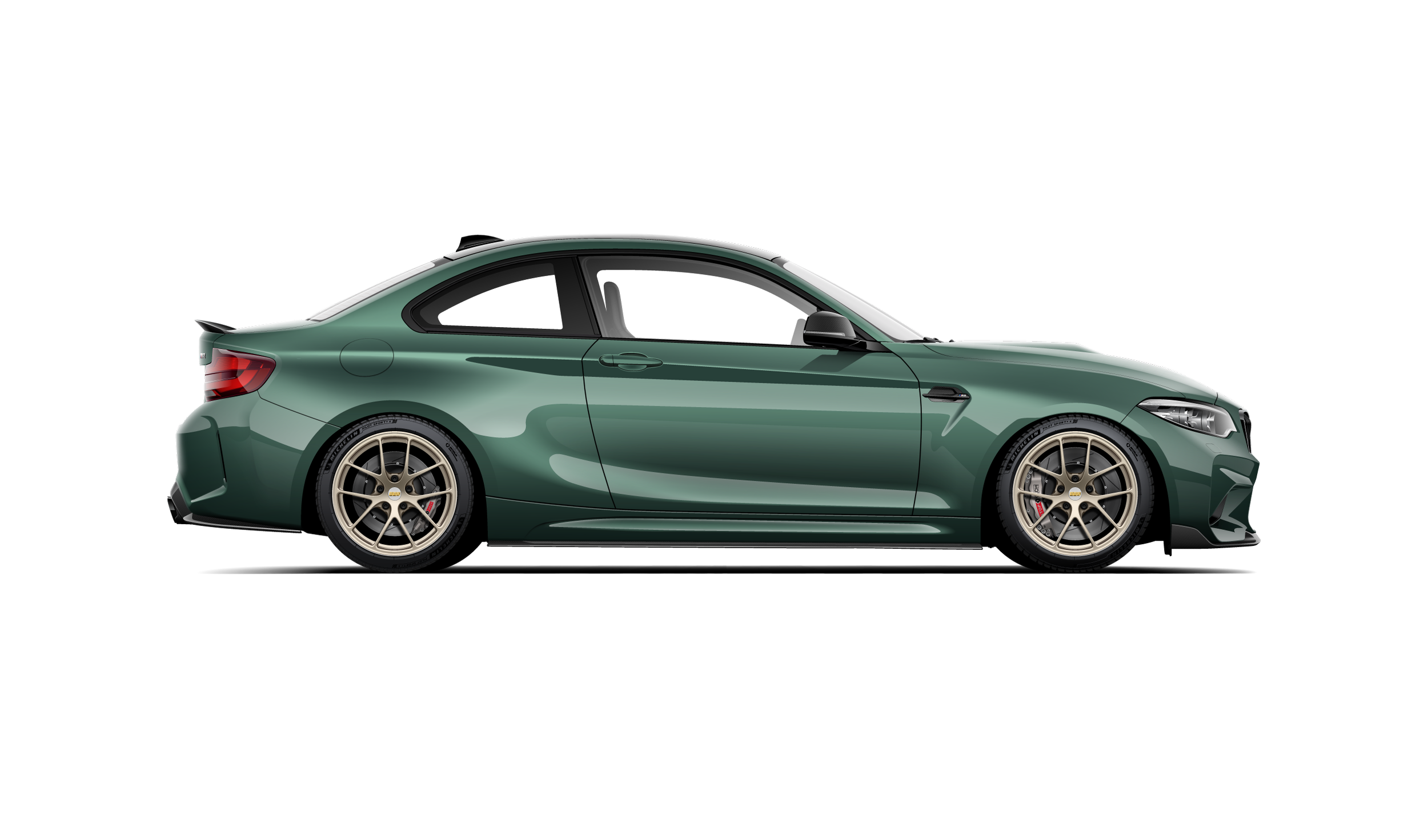 Side profile view of a BMW F87 M2 automotive artwork with custom green vinyl wrap, gold BBS RIA wheels, stoptech brakes and carbon fiber aerodynamic parts.