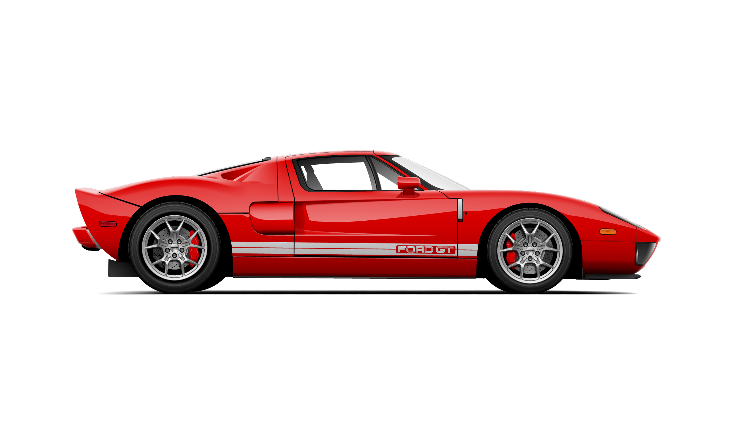 Custom artwork, hand made side profile digital vector illustration of a 2005 ford gt red with white stripes