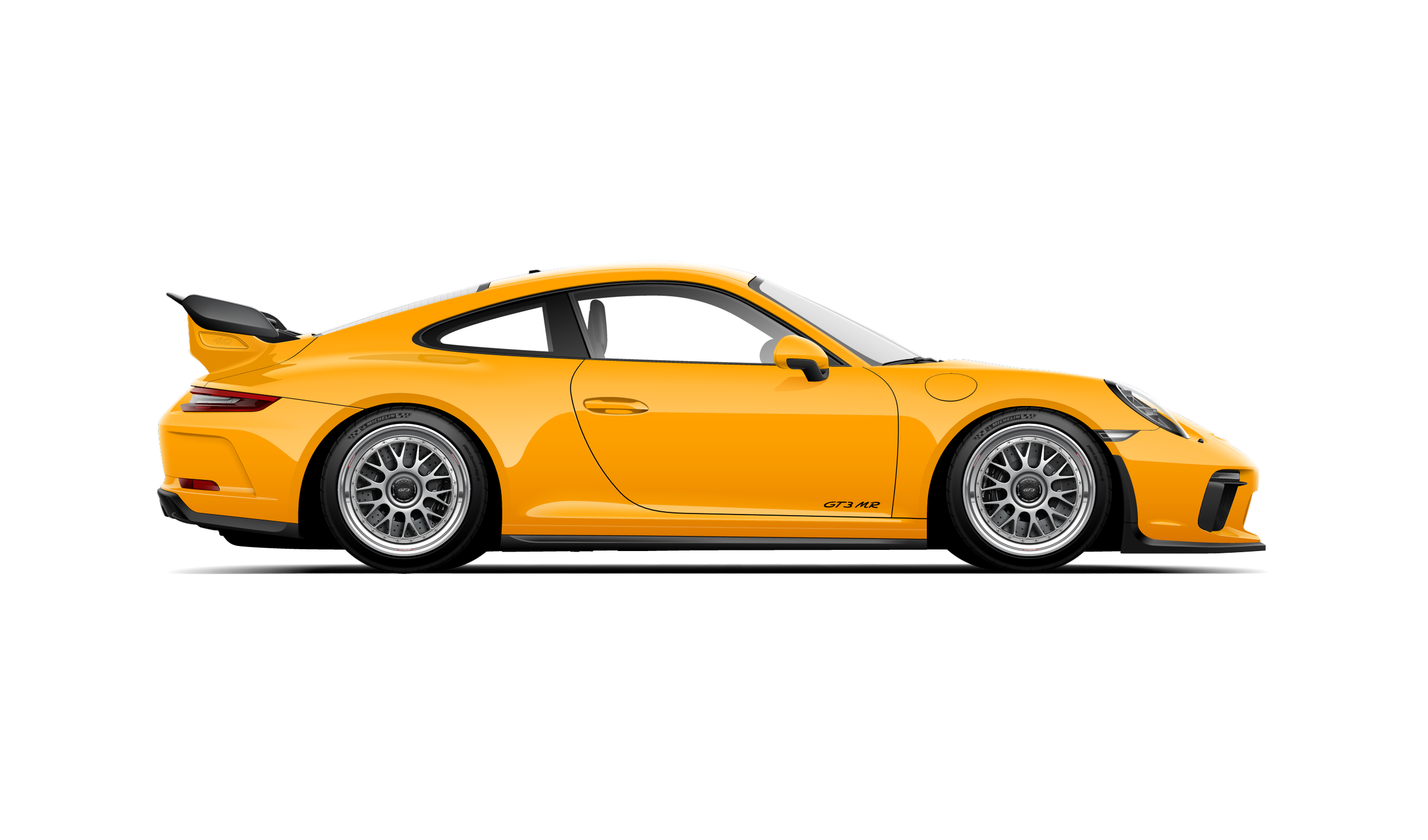 Custom artwork, hand made digital vector illustration of a paint to sample signal yellow 991.2 porsche 911 gt3 lowered on silver bbs e88 and manthey aero