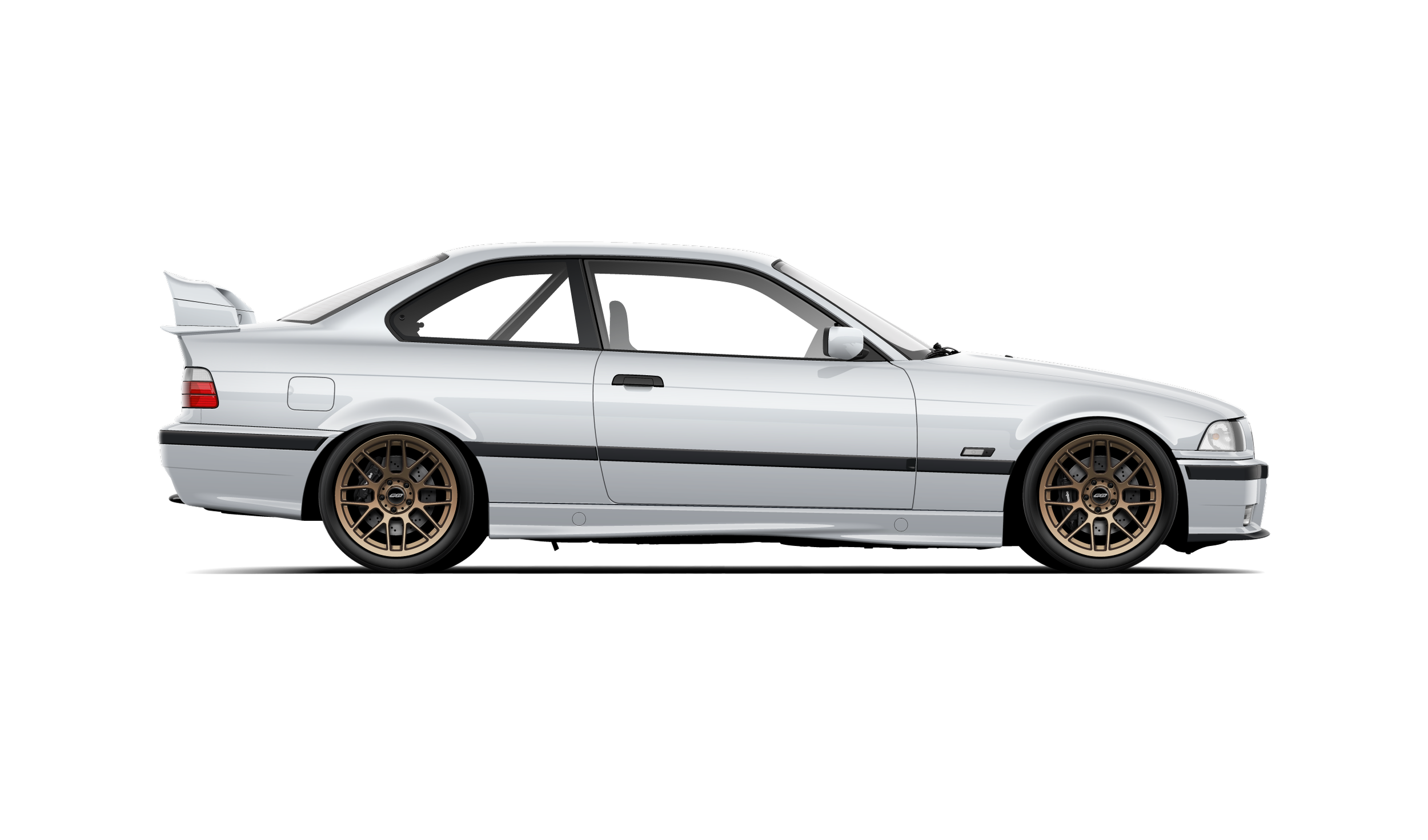 Custom automotive artwork of a titanium silver BMW E36 M3 with aftermarket APEX wheels, brembo brakes and rollbar.