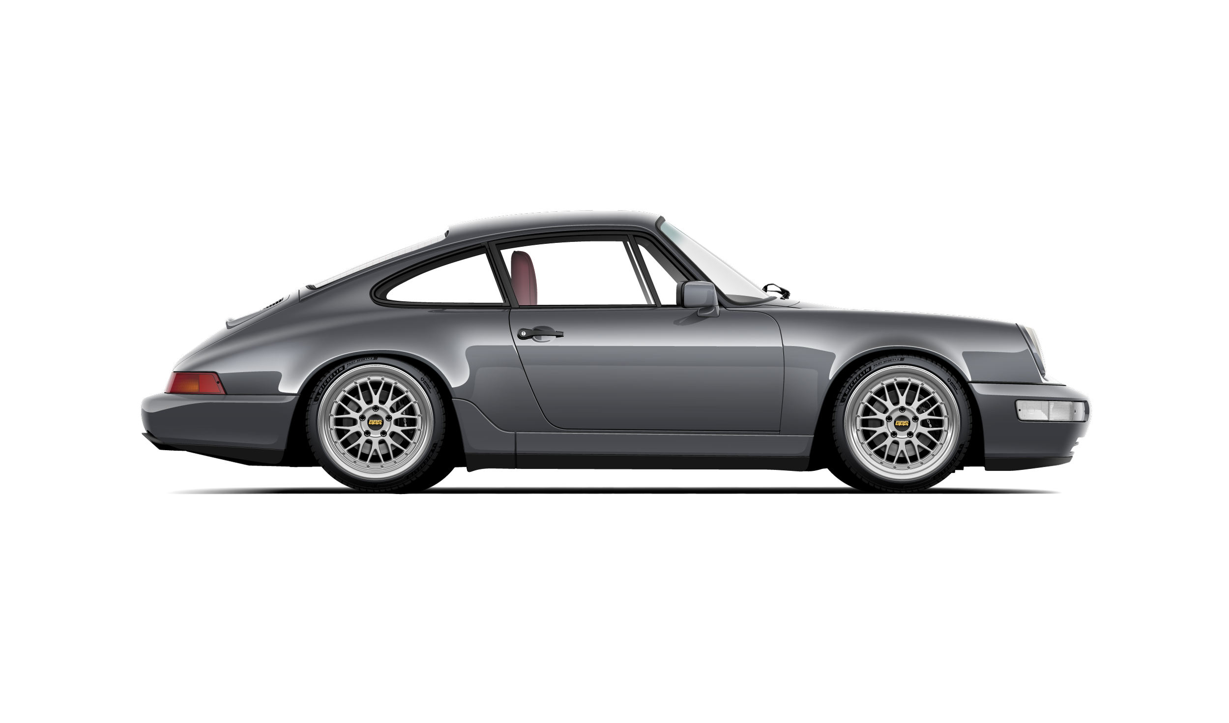 Custom artwork, hand made digital vector side profile illustration of a slate grey metallic 964 porsche carrera 2 with magenta red interior and silver bbs lm wheels