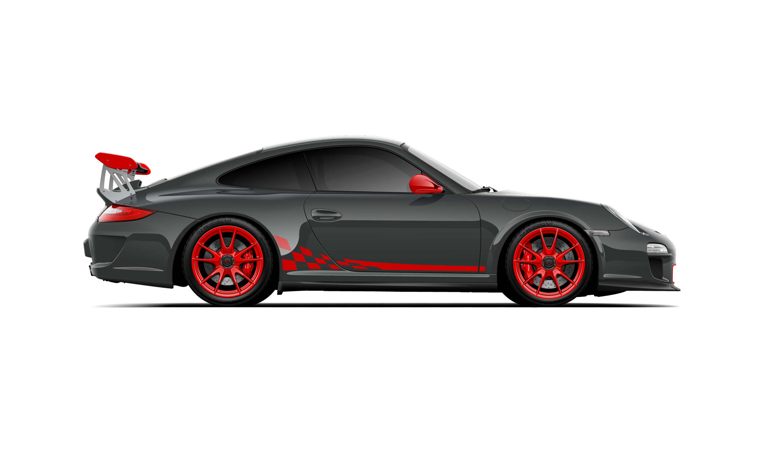 Side profile digital illustration of a grey black 997.2 porsche gt3 rs 3.8 with red stripes and red wheels