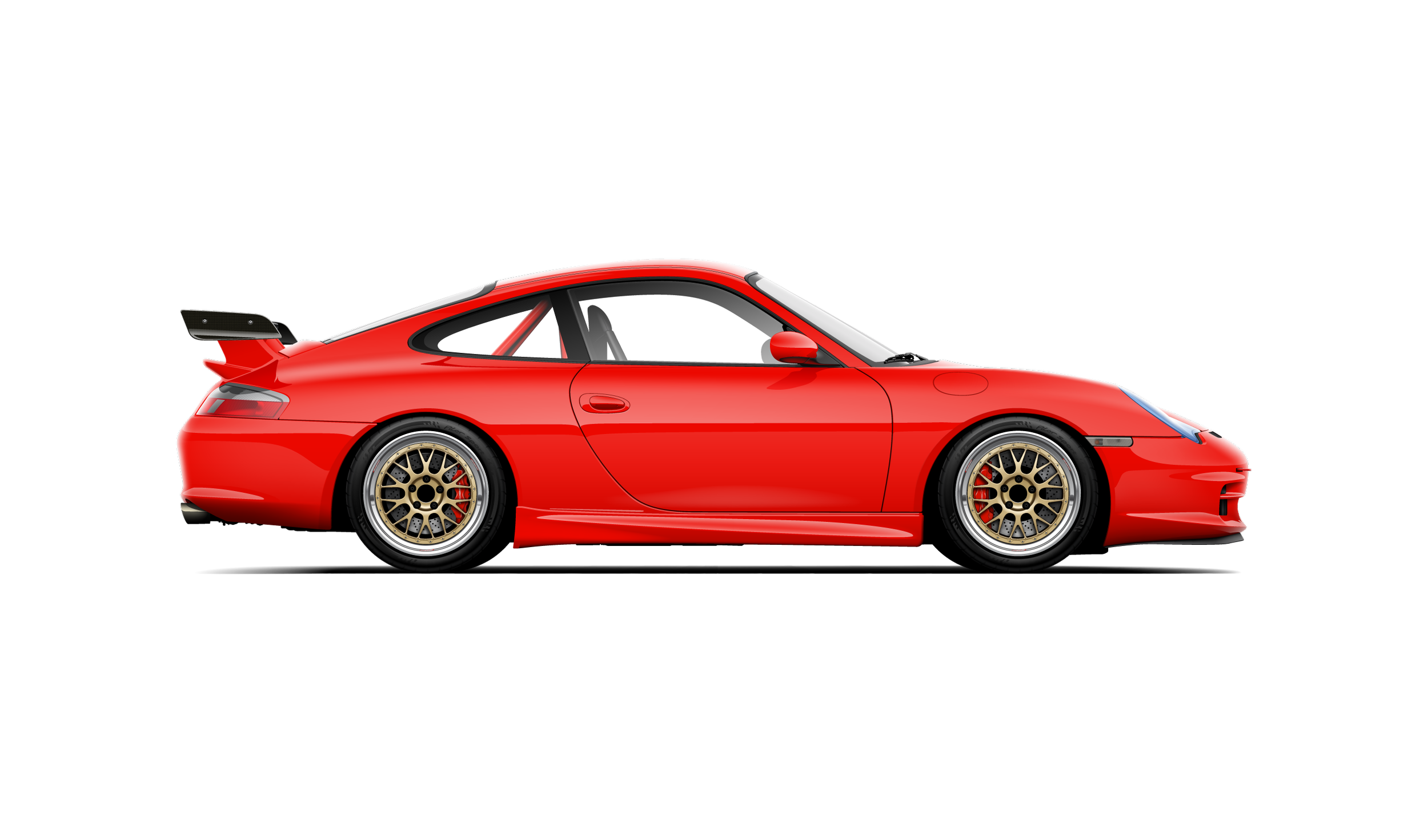 side profile digital drawing of a guards red porsche 996 gt3 with gold bbs e88 owned by kingmezger on instagram