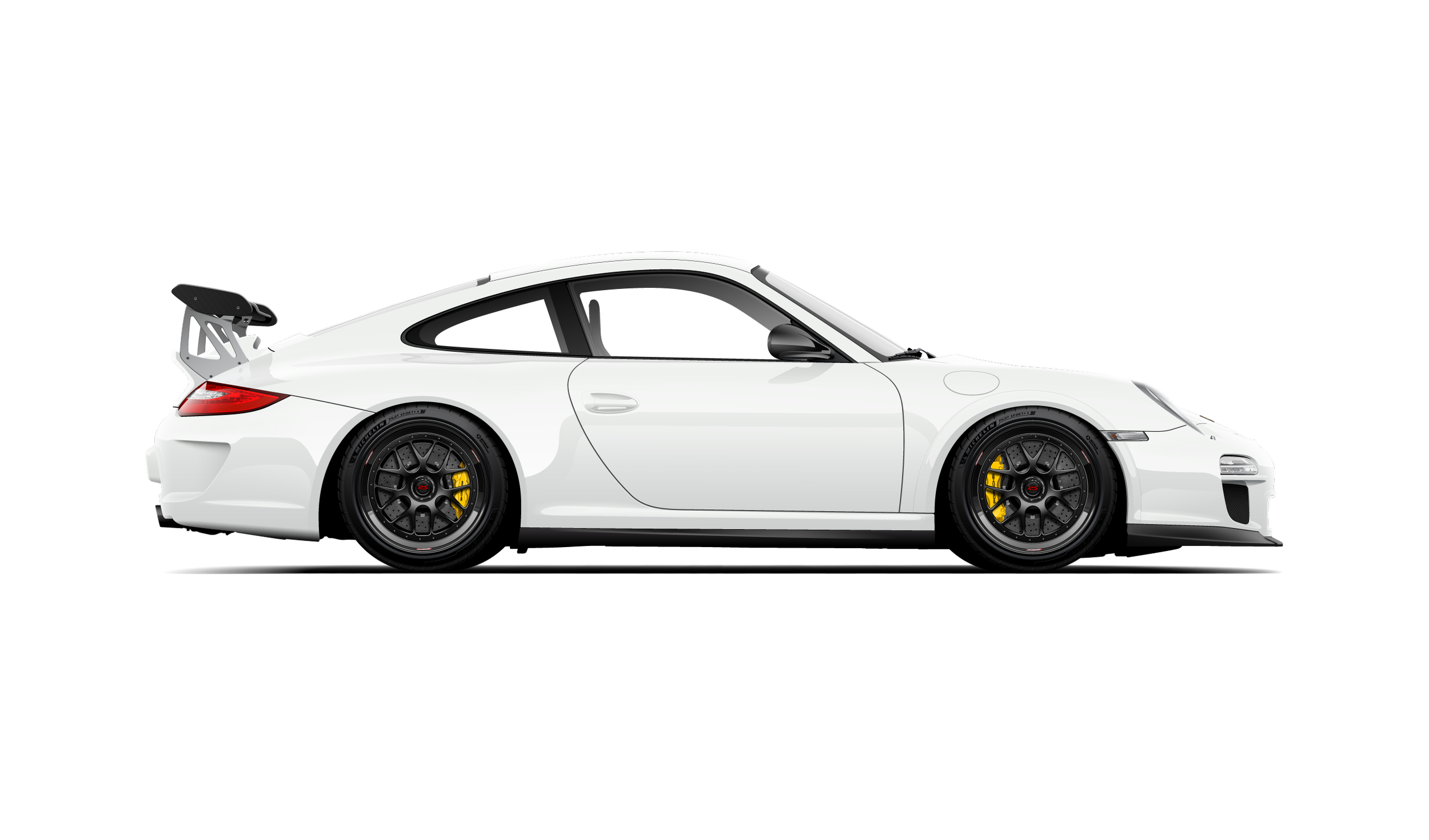 Custom artwork, hand made digital vector side profile illustration of a white 997.2 porsche gt3 rs 3.8 with black bbs e07 wheels and carbon fiber details