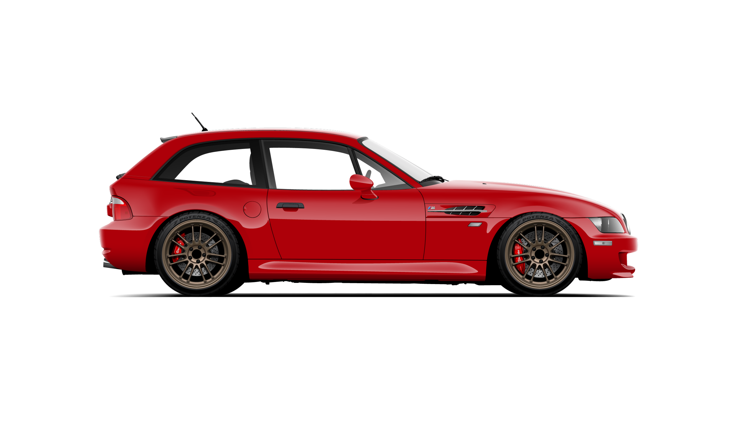 Custom artwork, hand made digital vector side profile illustration of an imola red bmw z3 m coupe clownshoe with bronze volk racing re30 wheels and brembo brakes