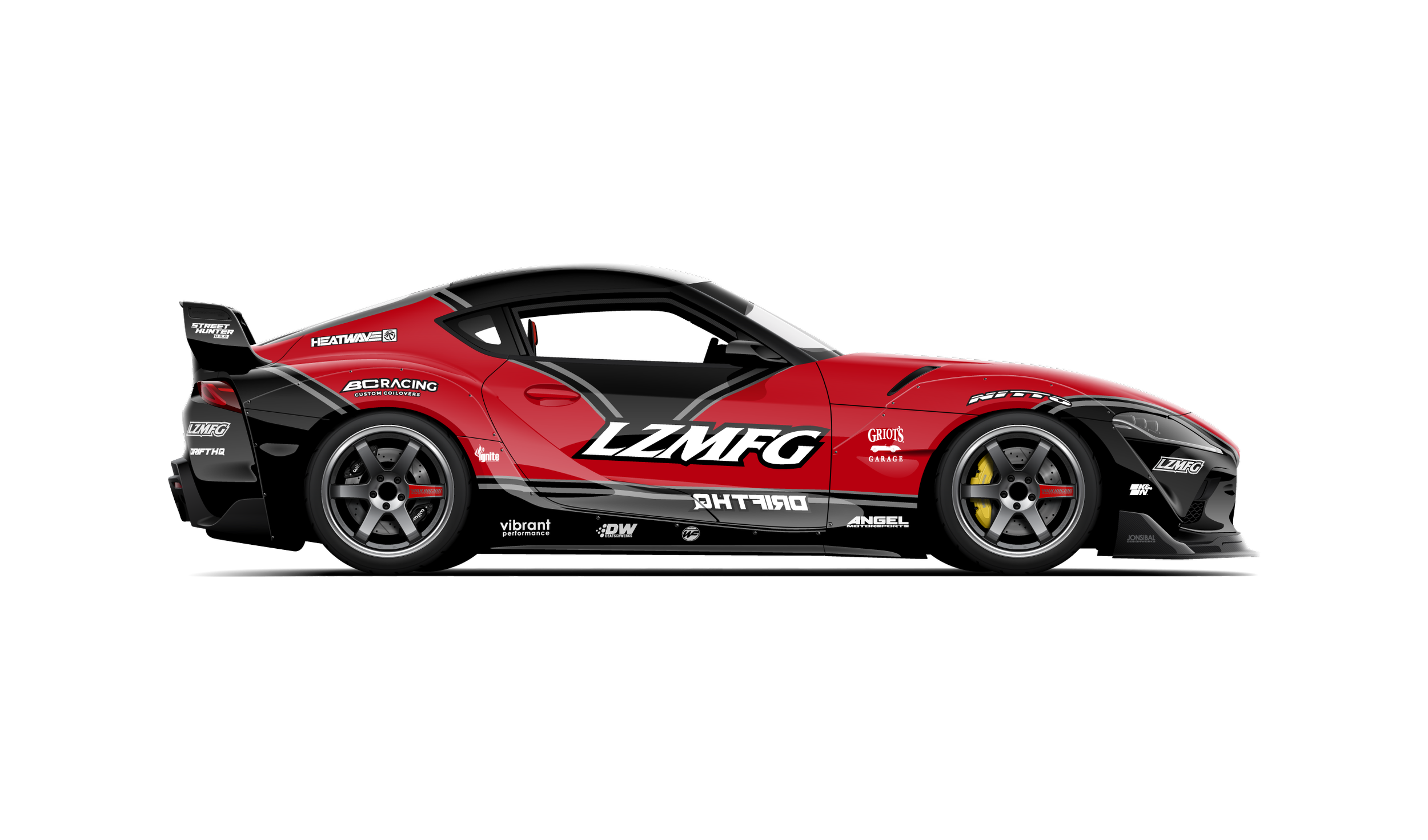 Custom artwork, hand made digital vector side profile illustration of a mk5 a90 toyota supra built by lzmfg adamlz drift car 3 rotor volk te37sl wheels and livery by jon sibal