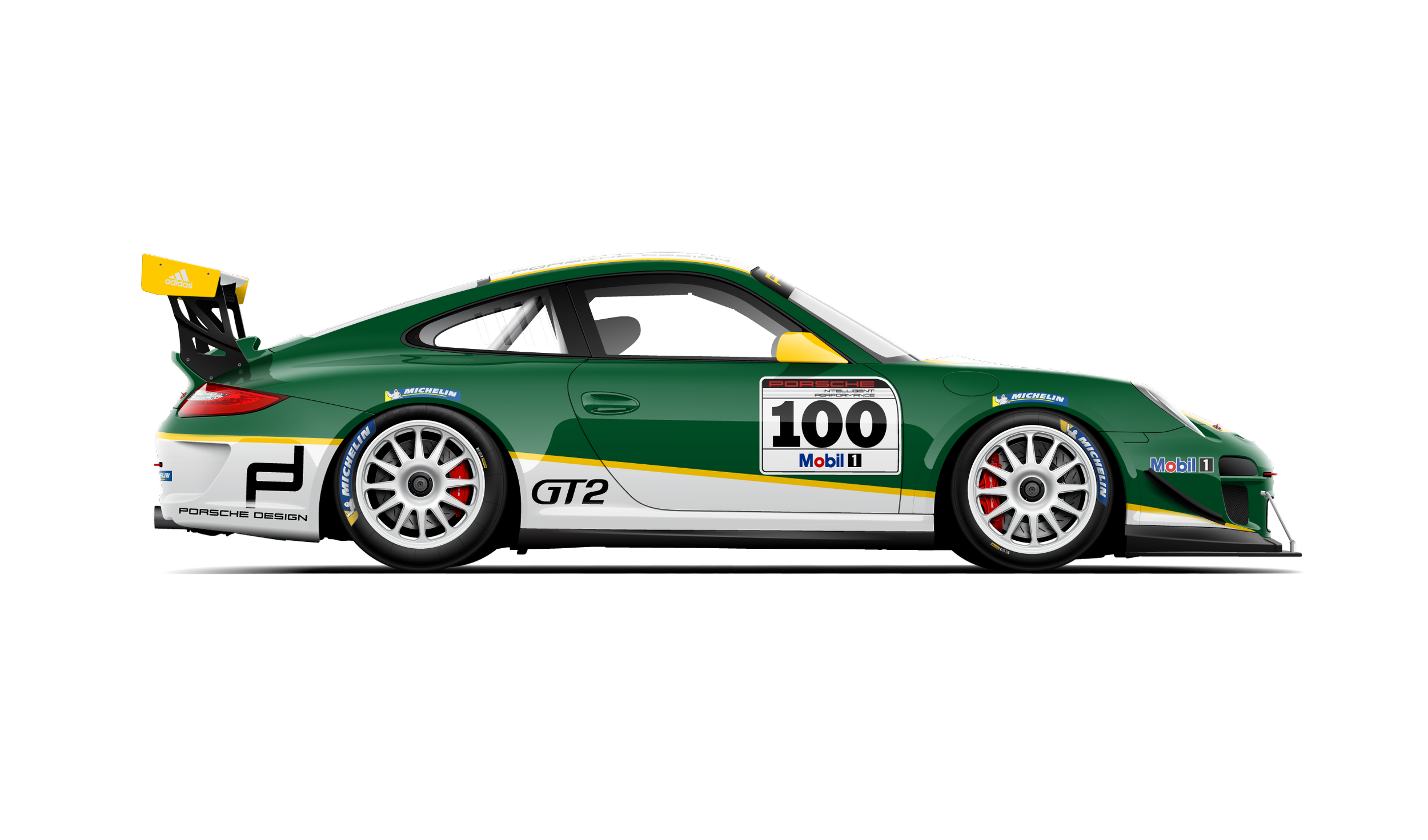 Side profile custom automotive artwork illustration of a green and white 997.2 porsche gt3 cup with white wheels