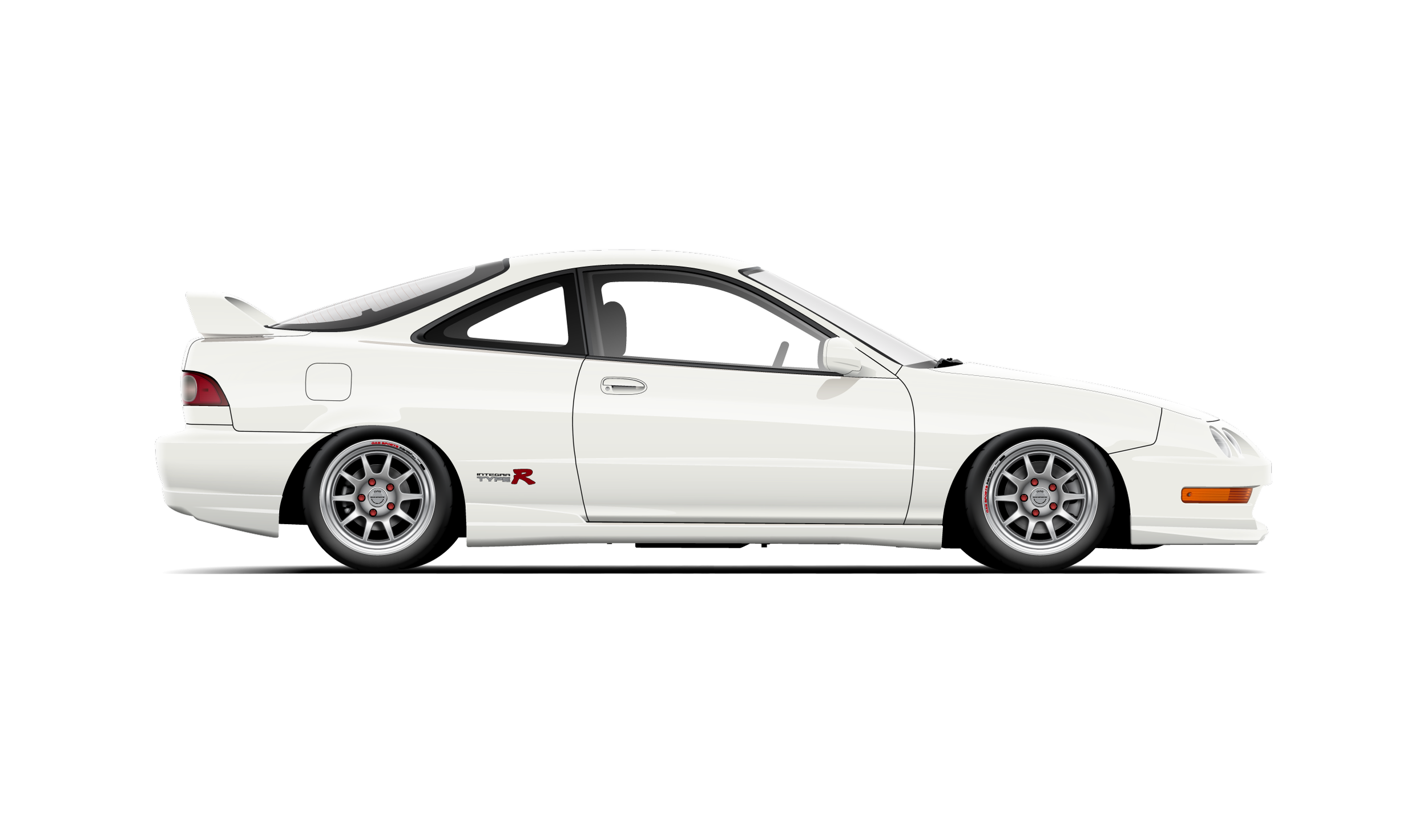 Custom artwork, hand made side profile digital vector illustration of a championship white dc2 honda acura integra type r with silver gab sports wheels