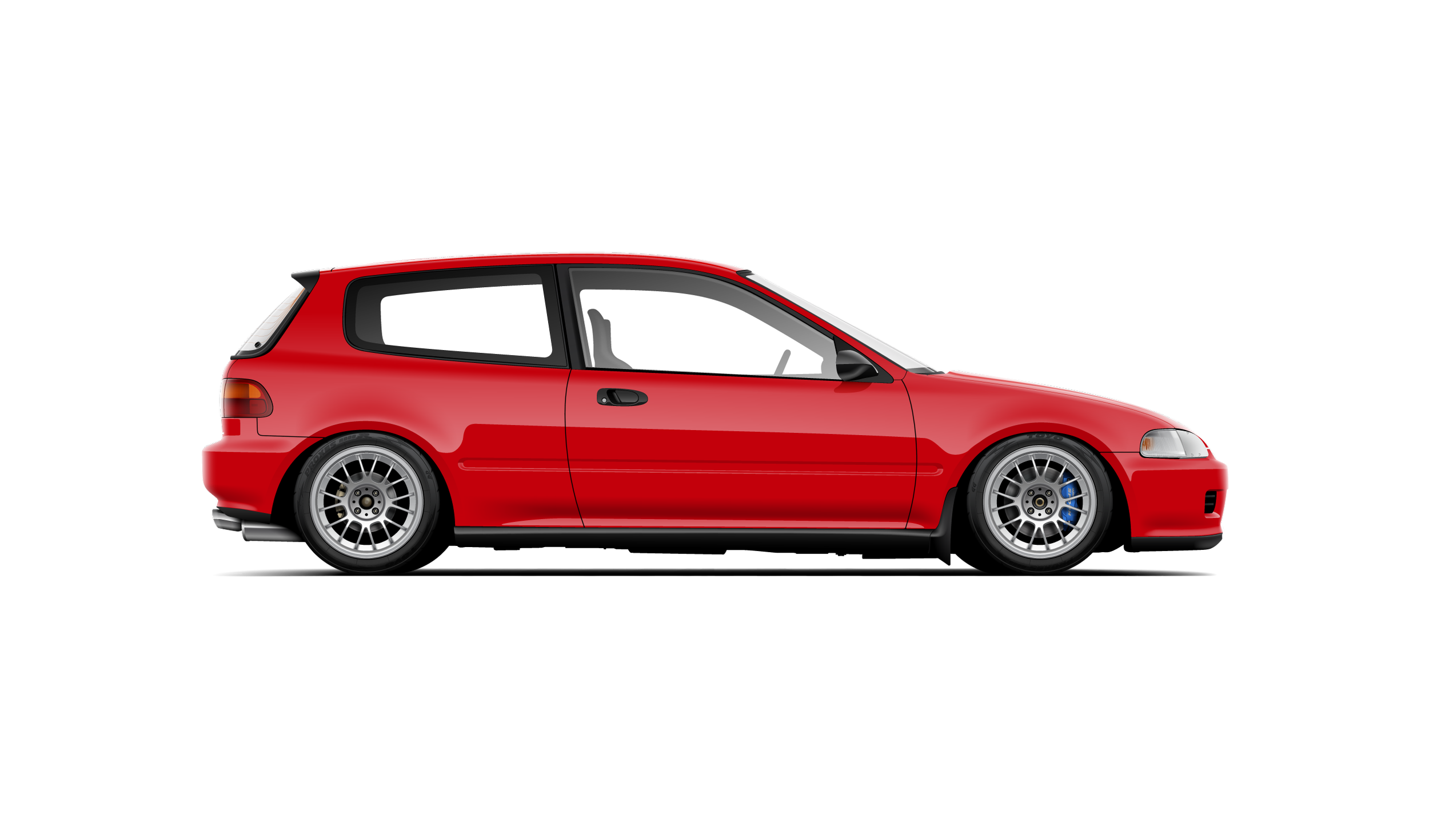Custom artwork, hand made digital vector side profile illustration of a milano red honda civic eg hatchback with spoon sports brakes and mirrors and silver volk se37k wheels