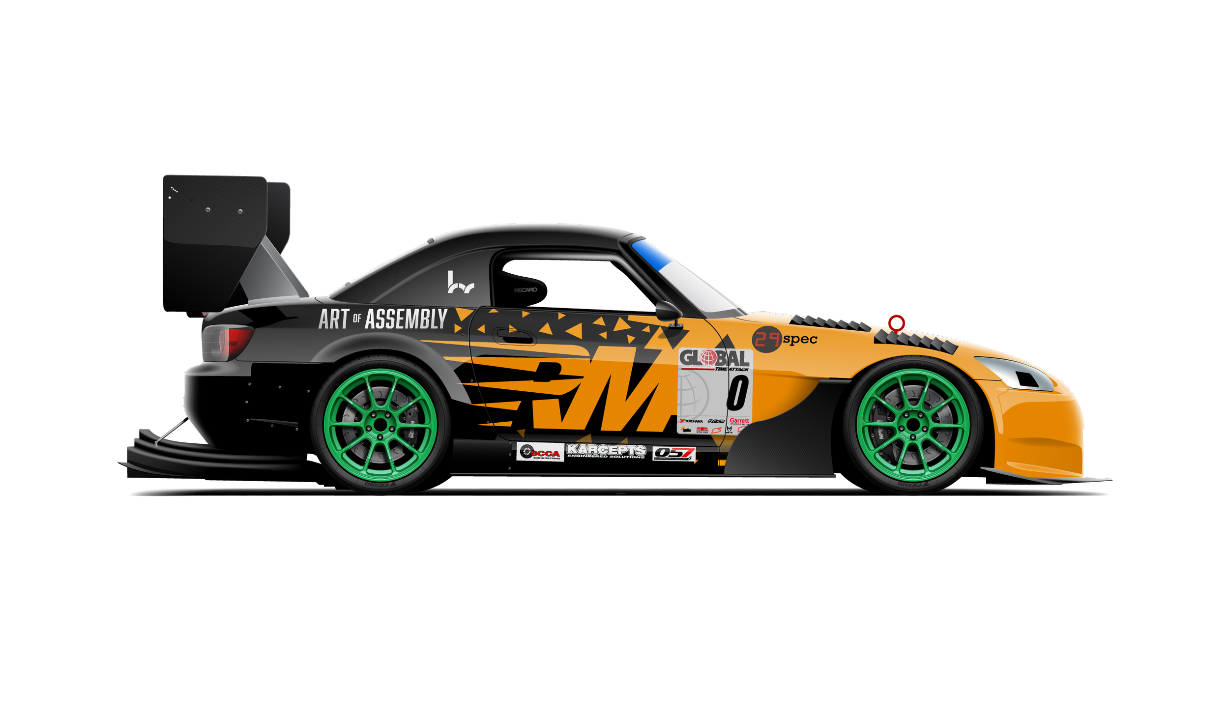 Custom artwork, hand made digital vector side profile illustration of a time attack honda s2000 built by rival machine