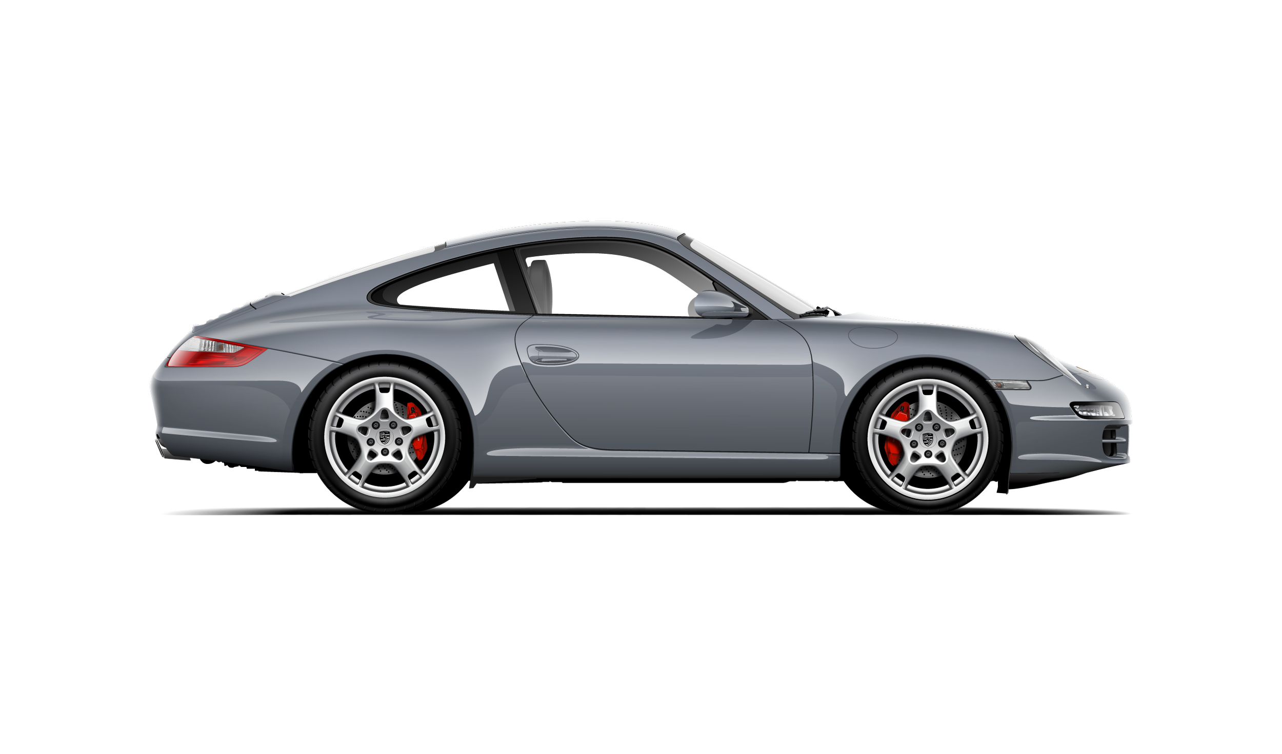Custom artwork, hand made digital vector side profile illustration of a meteor grey metallic 997.1 porsche 911 carrera s with silver lobster claw wheels and red brake calipers