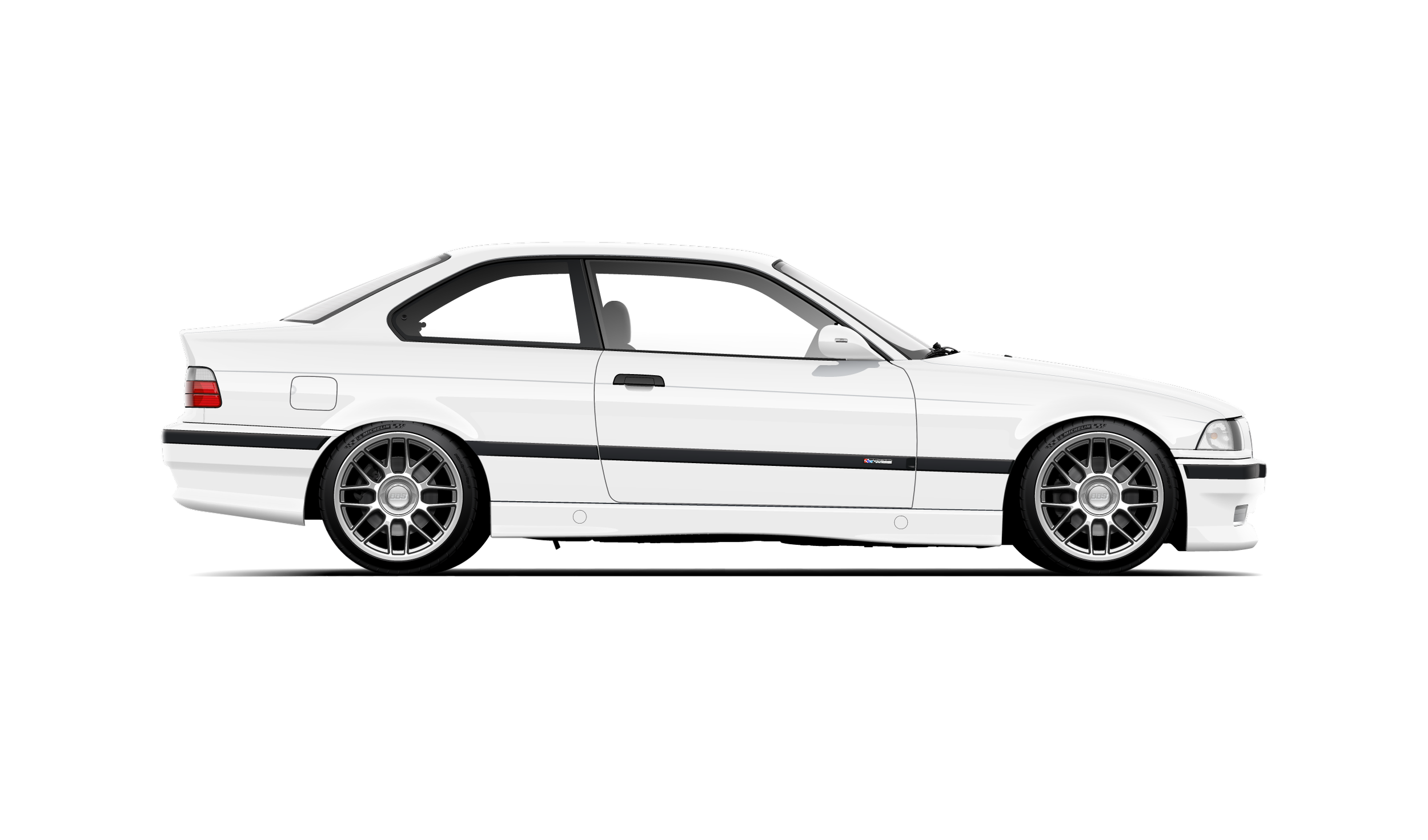 Custom artwork, hand made digital vector side profile illustration of an alpine white bmw e36 325 with ac schnitzer bodykit front and rear bumpers and mirrors with bbs rc monoblock wheels