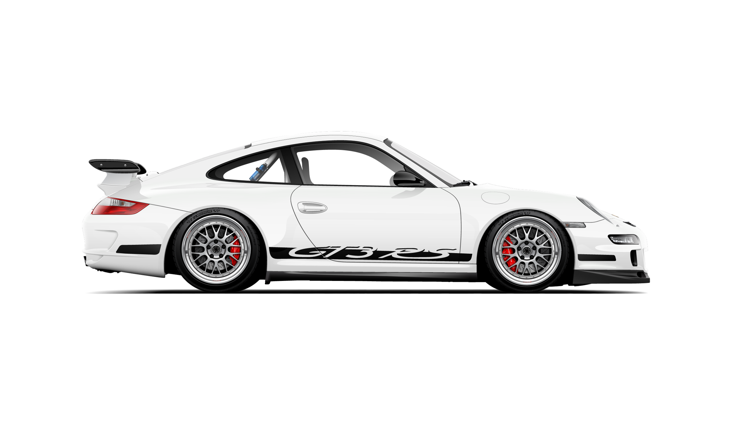 side profile custom artwork digital vector illustration of a white porsche 997.1 gt3 rs by system motorsports with silver bbs e88
