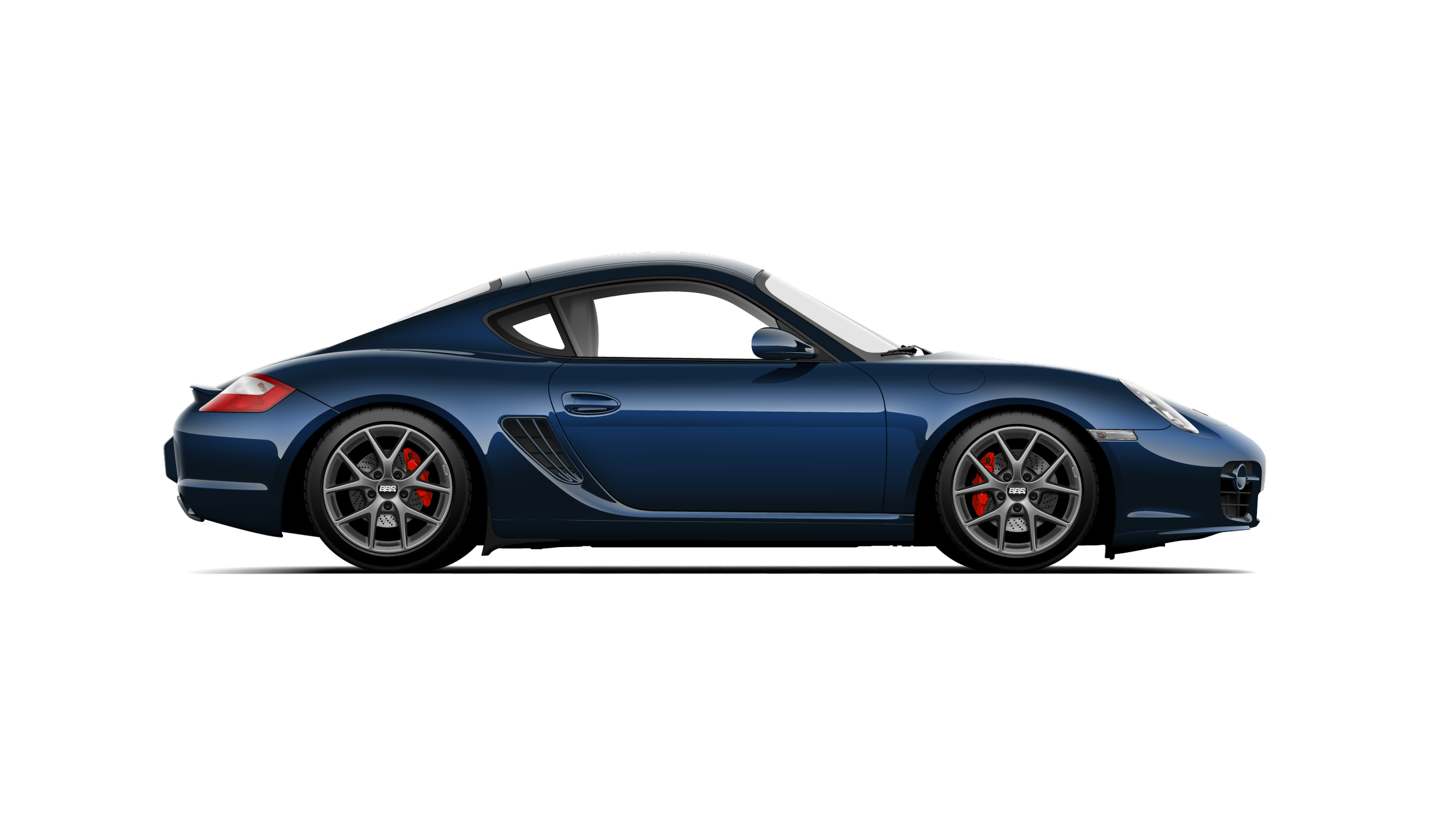 Custom artwork, hand made digital vector side profile illustration of a midnight blue 987 porsche cayman s with bbs rc wheels and red brake calipers