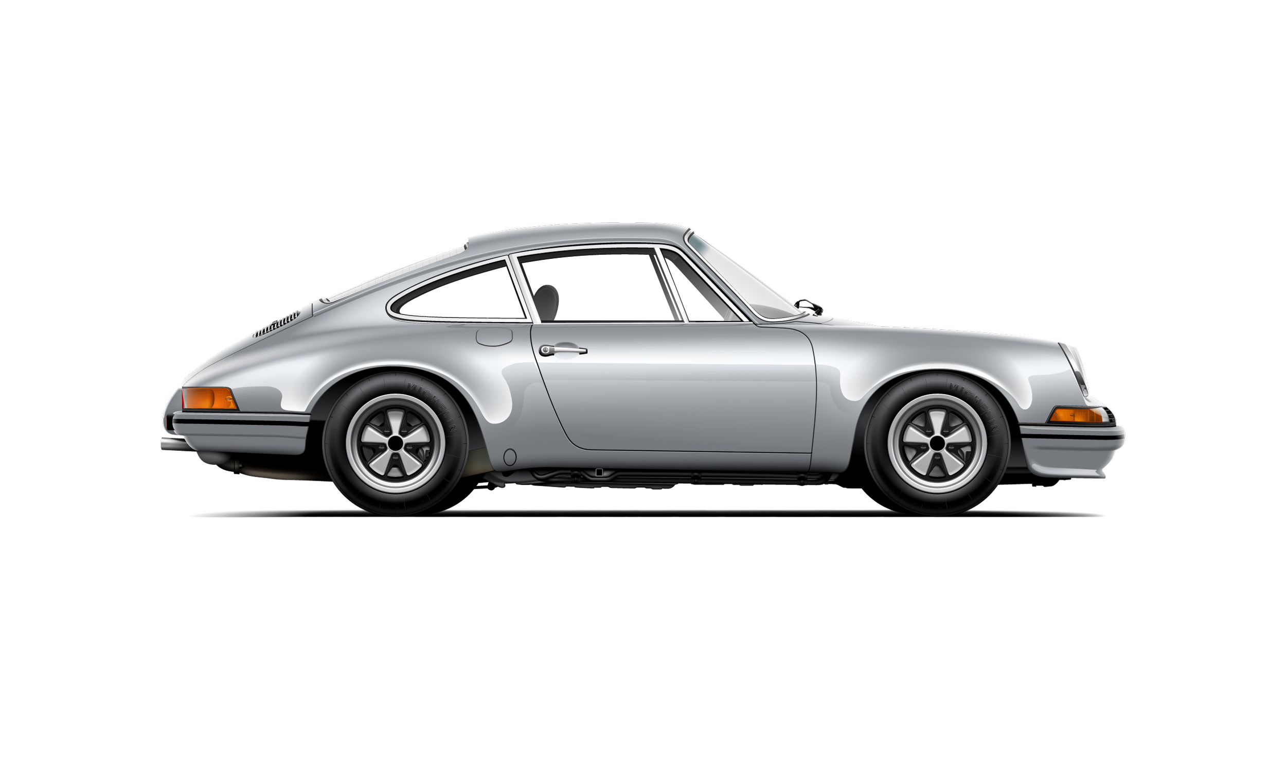 Custom artwork, hand made digital vector illustration of a silver metallic porsche 911 longhood with ST fender flares and RSR style fuchs wheels