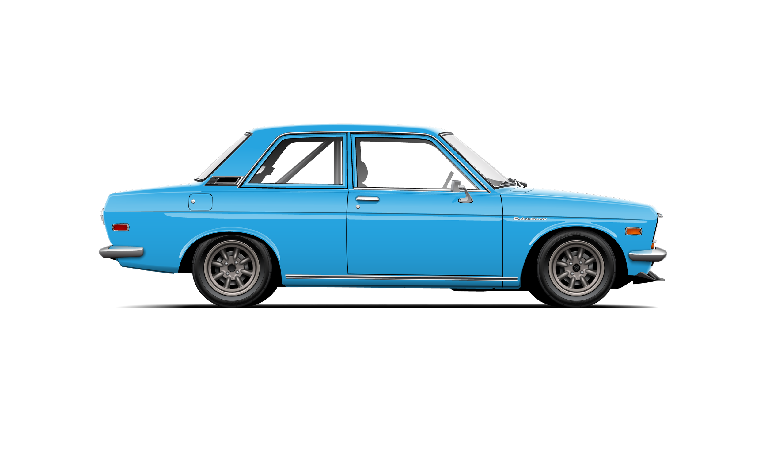 Custom artwork, hand made digital vector side profile illustration of a blue datsun 510 with watanabe wheels and rollbar