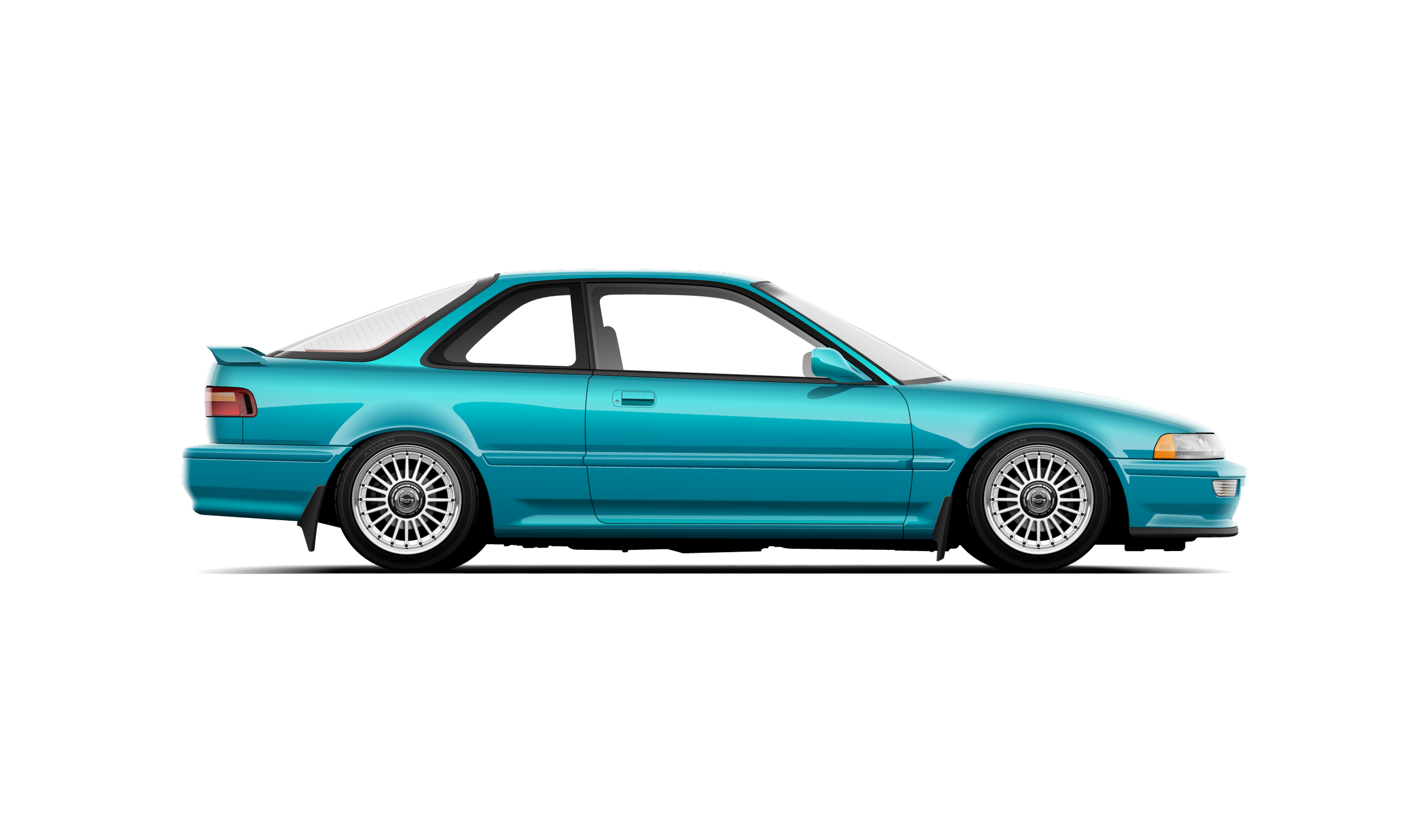 Custom artwork, hand made side profile digital vector illustration of an aztec green da9 honda acura integra with white work ewing ii wheels