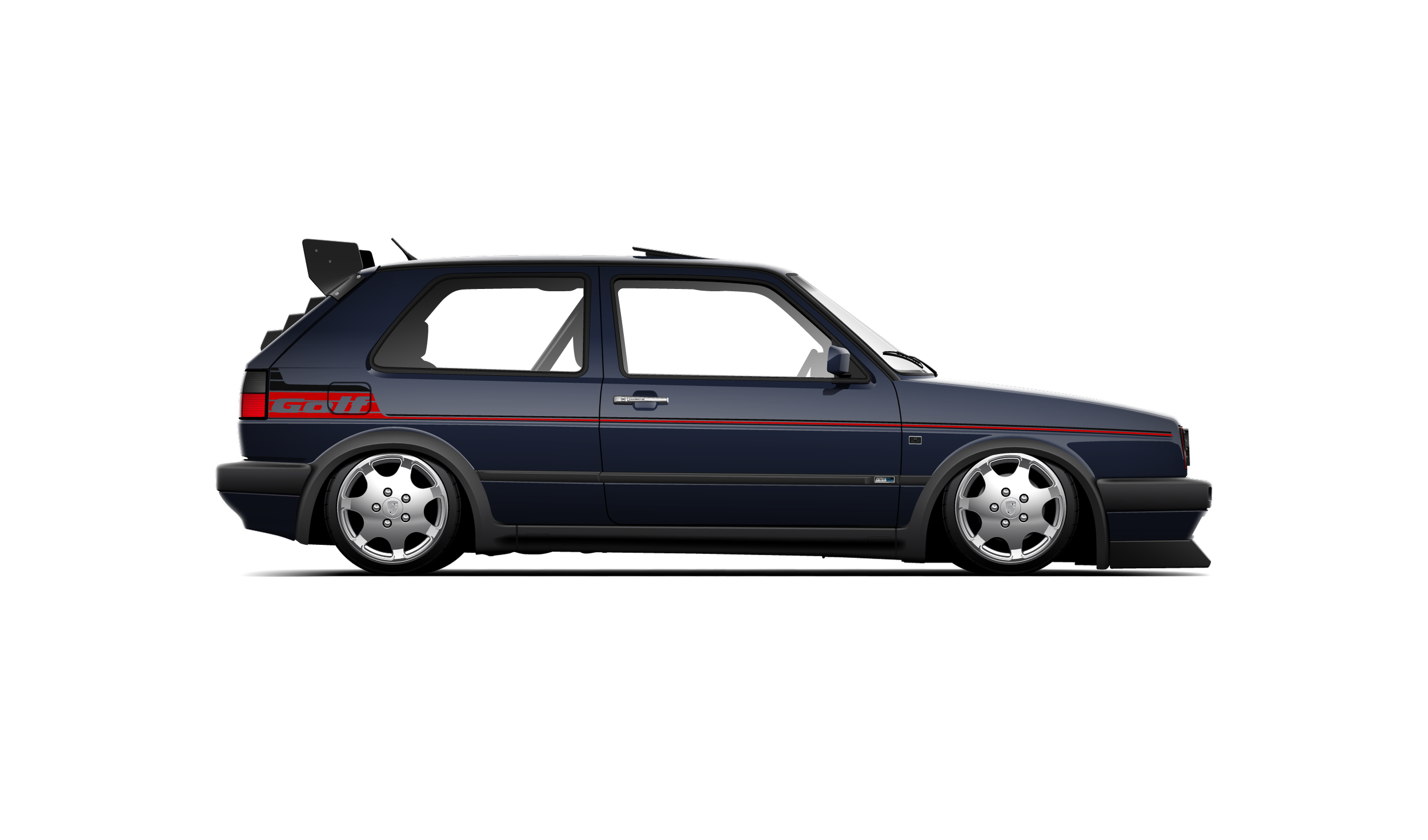 Custom artwork, hand made digital vector side profile illustration of a dark blue volkswagen golf gti mk2 with chrome polished porsche wheels, voomeran front lip and rear wing