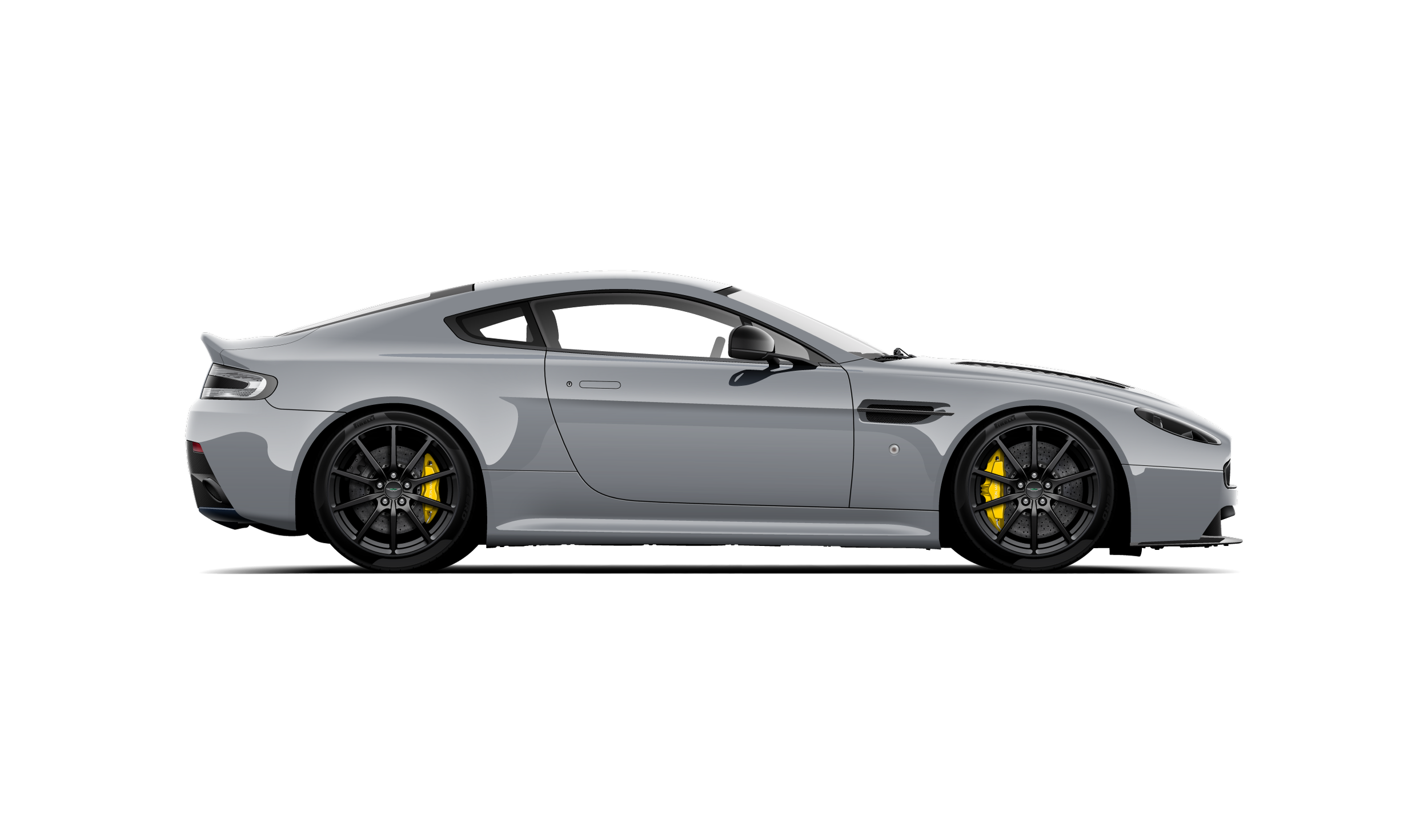 Custom artwork, hand made digital vector illustration of an aston martin v12 vantage painted china grey with black wheels and yellow brake calipers