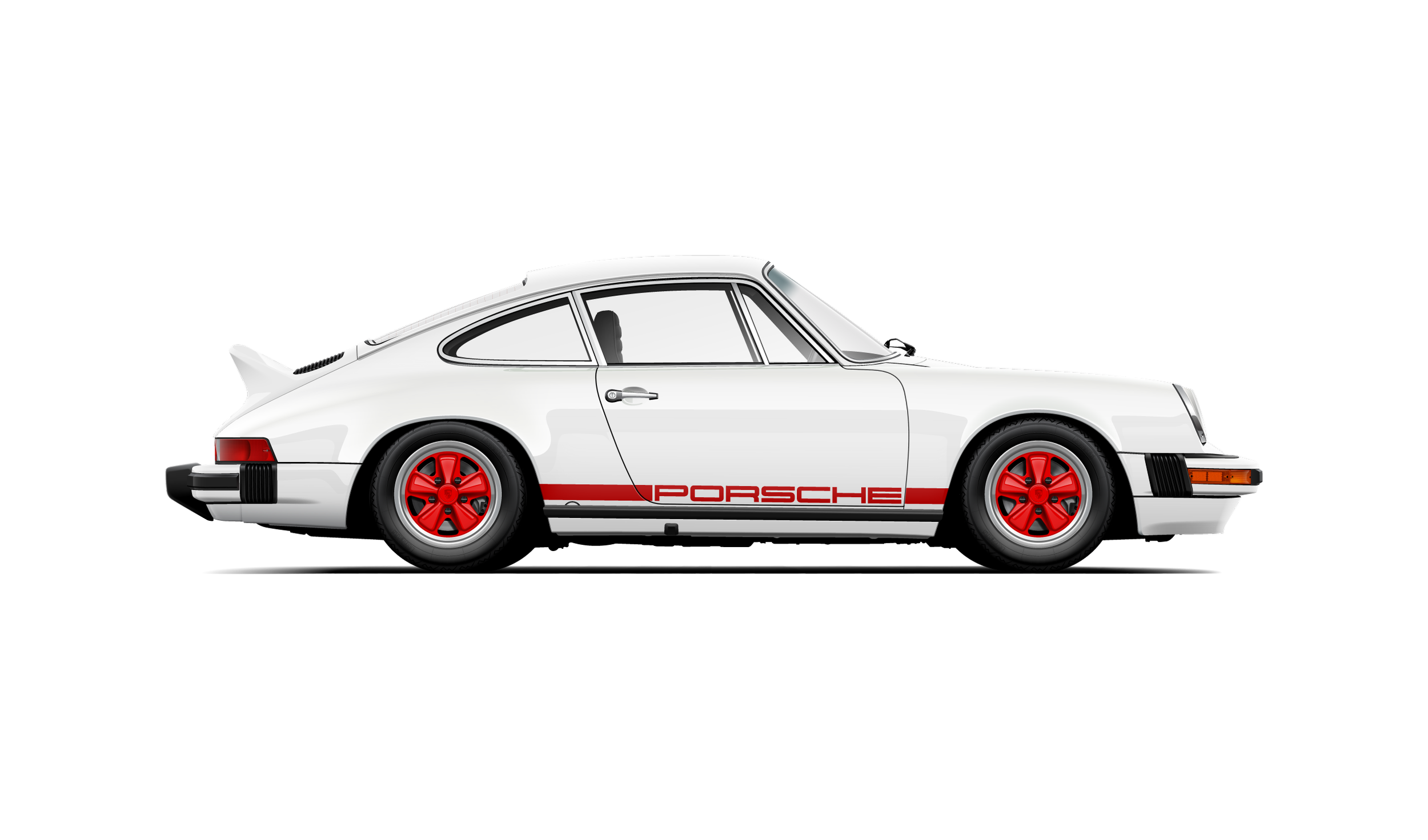 Custom artwork, hand made digital vector illustration of a 1974 porsche 911 carrera sc g-body carrara white with red Porsche script stripe, ducktail spoiler and red wheels
