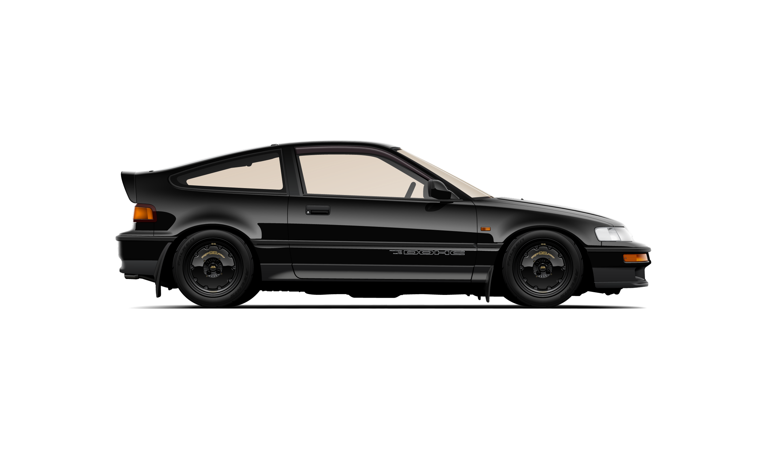 Custom artwork, hand made digital vector side profile illustration of a black honda crx modified with mugen wing and black aerodisc wheels