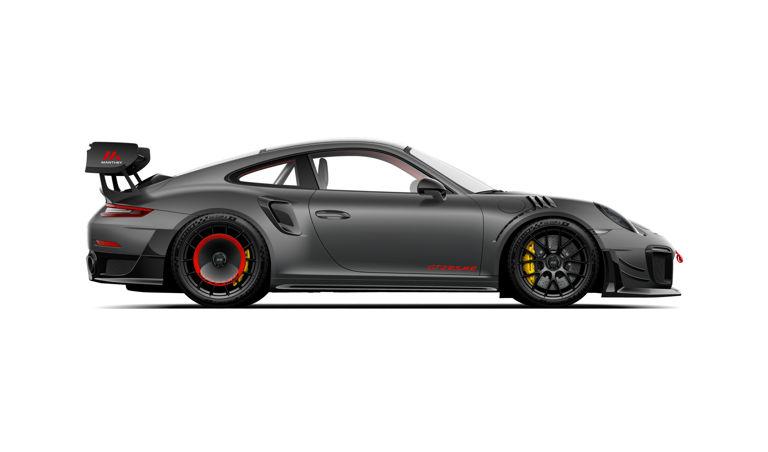Custom artwork, hand made digital vector illustration of a matte grey porsche gt2 rs 991.2 with manthey racing aero package with red sticker accents and carbon fiber aerodiscs