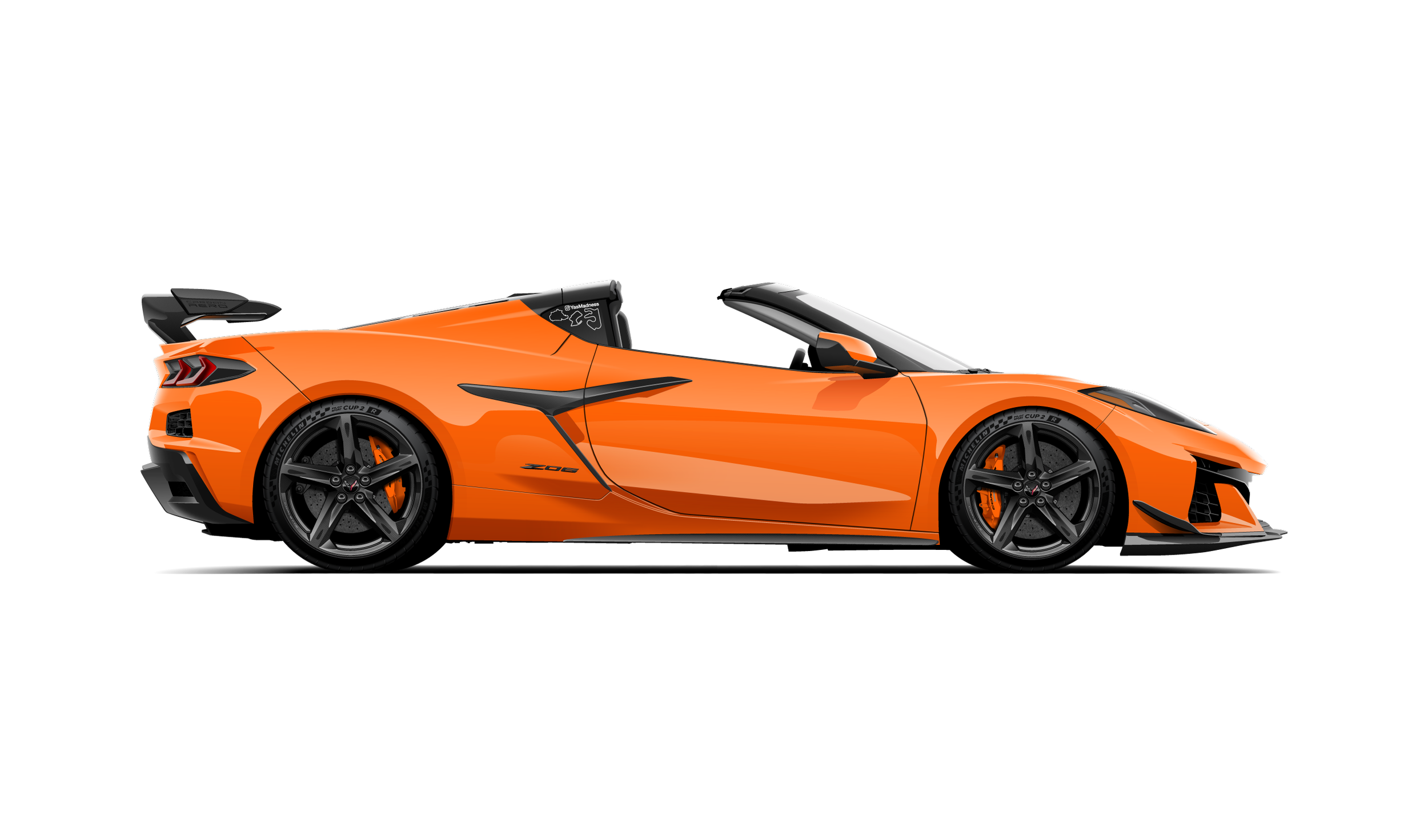Custom artwork, hand made digital vector illustration of a C8 Chevrolet Corvette painted amplify orange with carbon aero wing, carbon fiber wheels, orange brake calipers with the targa roof off