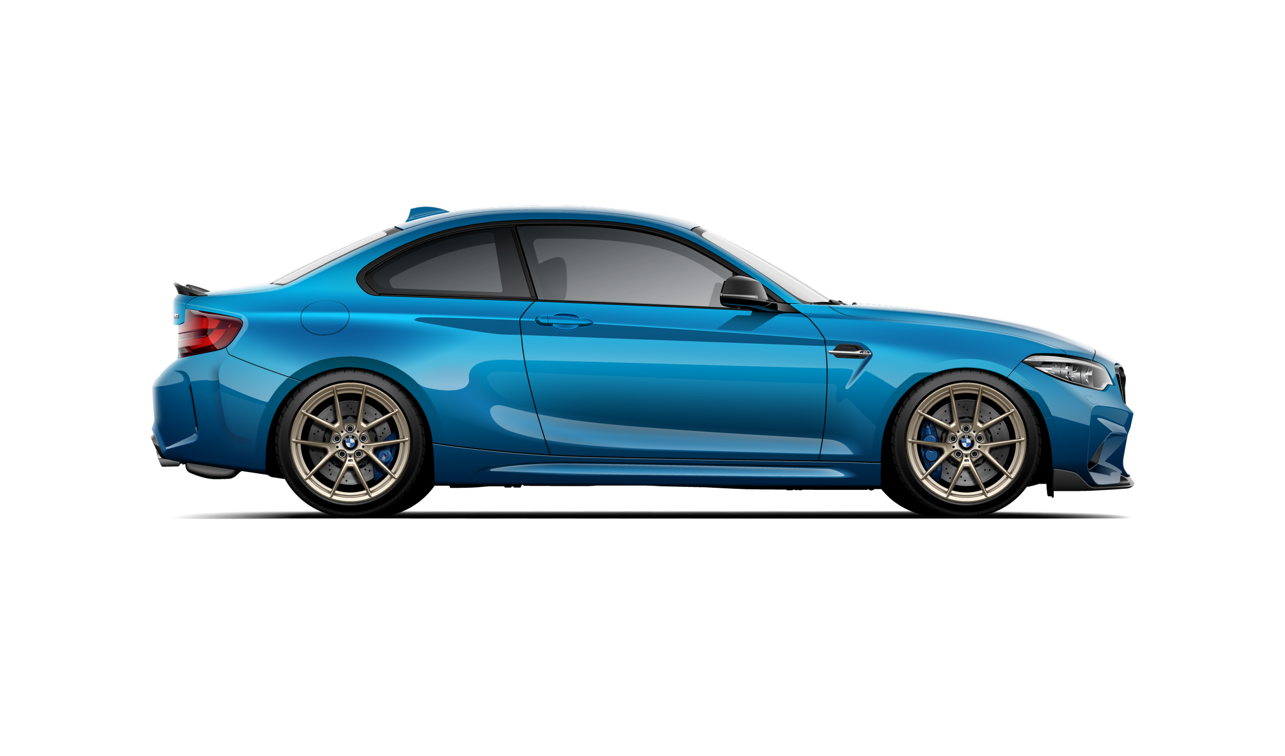 Custom artwork, hand made digital vector side profile illustration of a long beach blue bmw m2 f87 with golf style 763m wheels and m performance carbon fiber front lip spoiler and rear wing spoiler