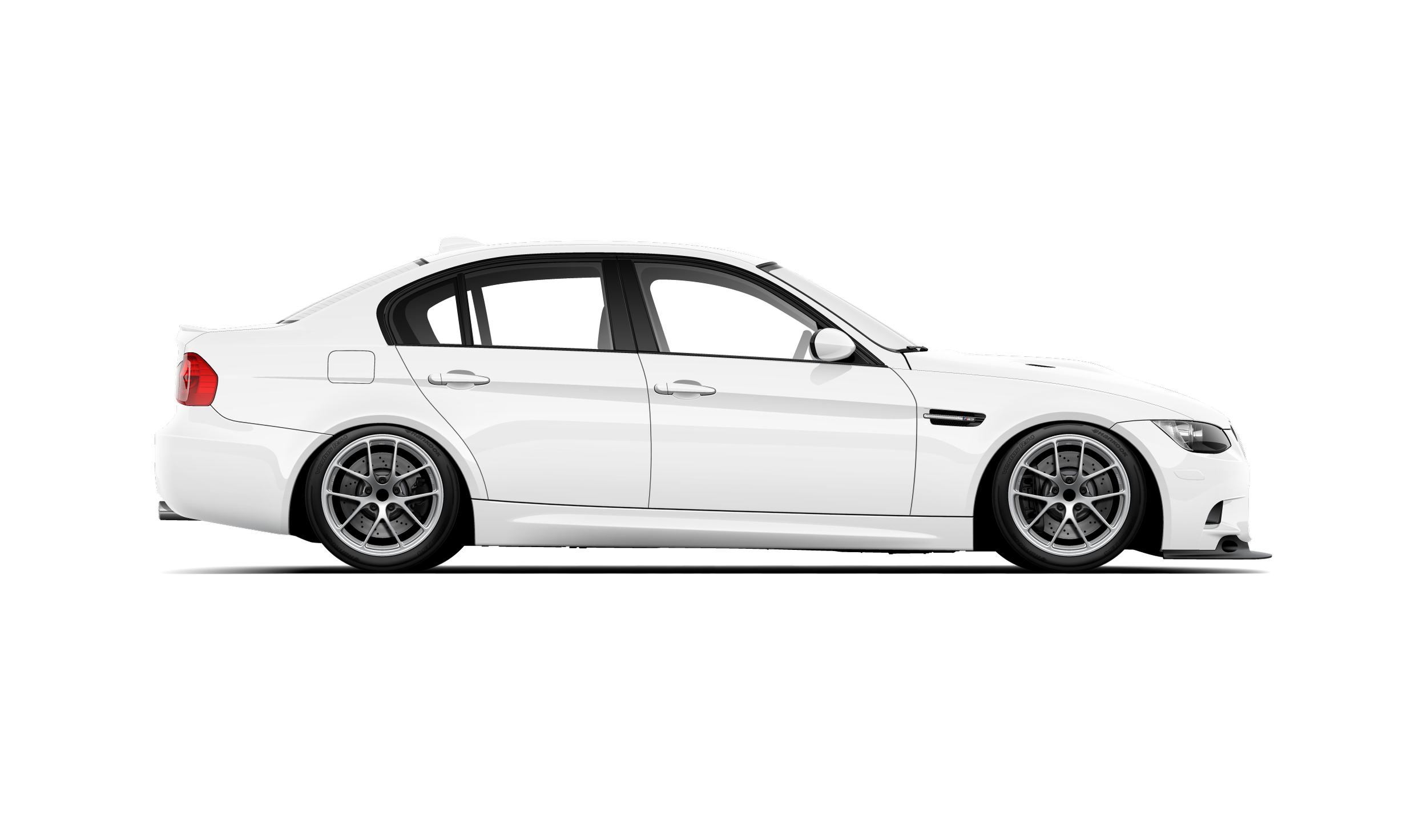 Side profile view of custom automotive artwork of an alpine white BMW E90 M3 with aftermarkey BBS RIA wheels, lowered and carbon front lip
