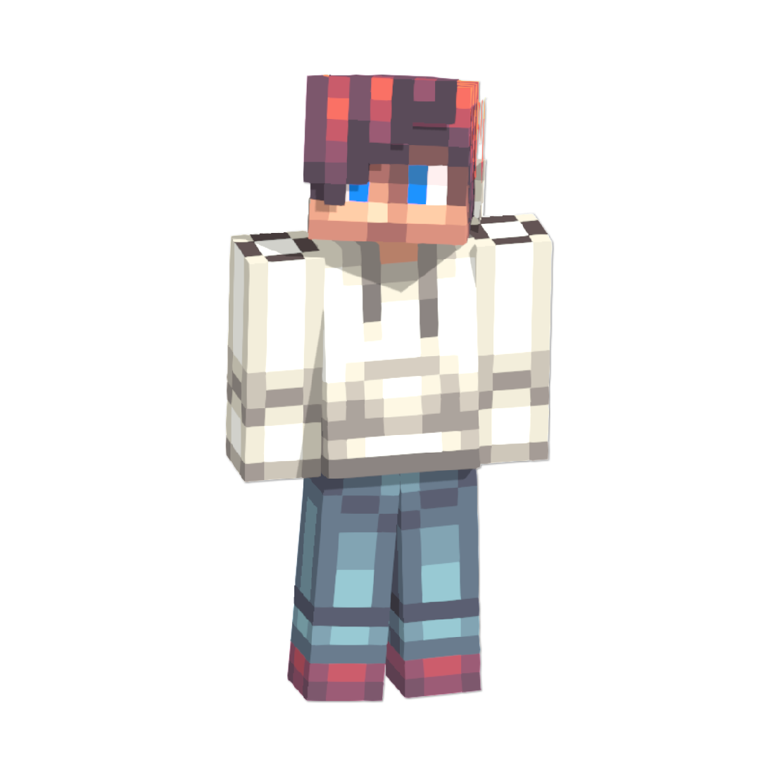 En Minecraft-figur med mørkt hår, blå øjne, hvid hættetrøje, blå jeans og røde sko.