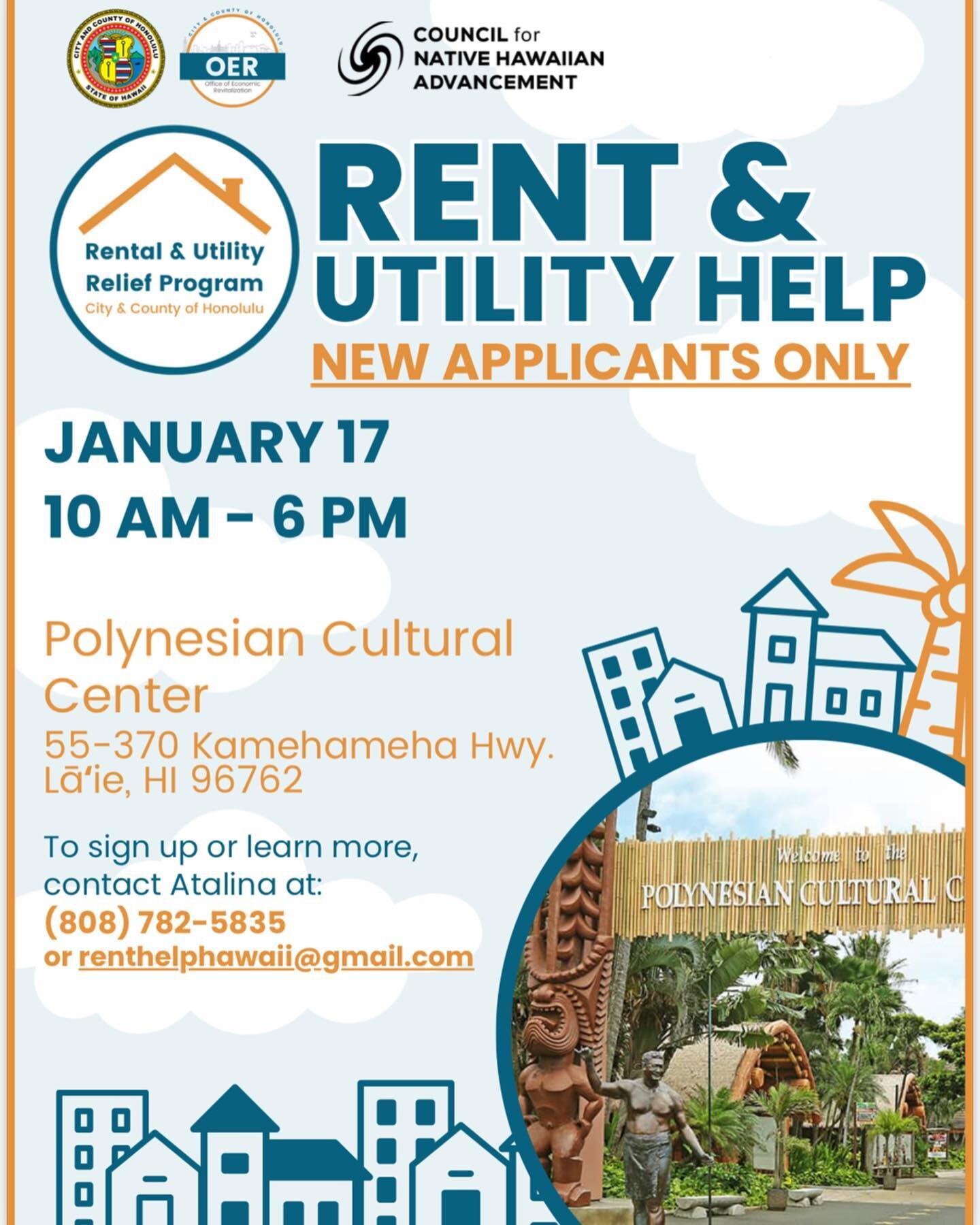 In need of assistance covering your rent and utility expenses? Here&rsquo;s another opportunity at the Polynesian Cultural Center TOMORROW (Jan. 17th)  please sign-up with Atalina at (808) 782-5835 or via email at renthelphawaii@gmail.com 🌺 
➡️ Swip