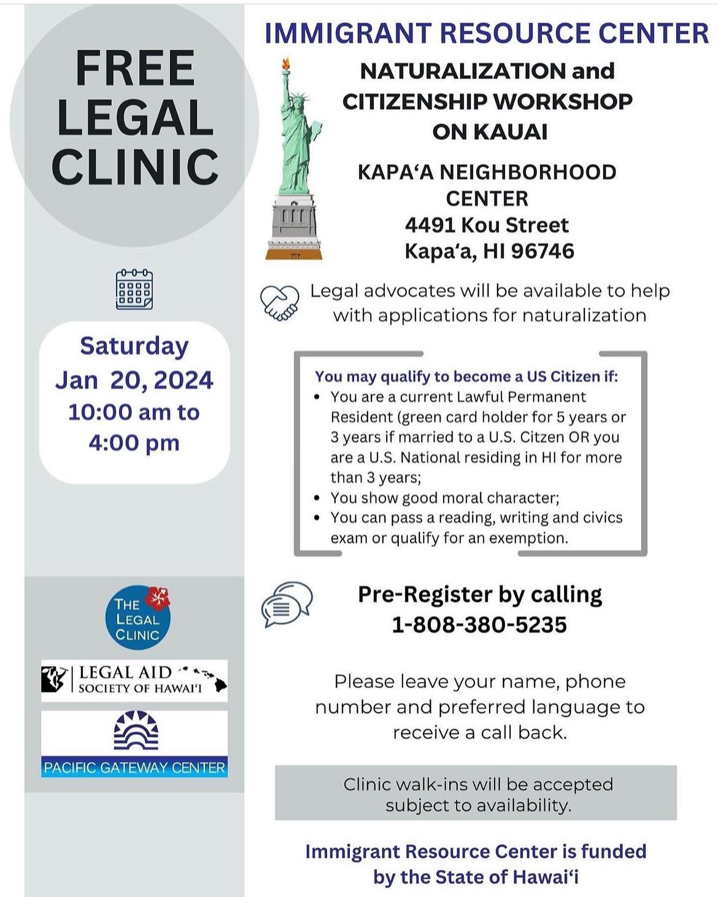 Free Legal Clinic on Kauai Jan. 20, 2024. To pre-register, you may call 1-800-380-5235. Feel free to share. 🌺
&bull;
Swipe ➡️ to see translations in Marshallese, Japanese, Ilokano, Tagalog, and Chinese.
&bull;
Clinic walk-ins will be subject to avai