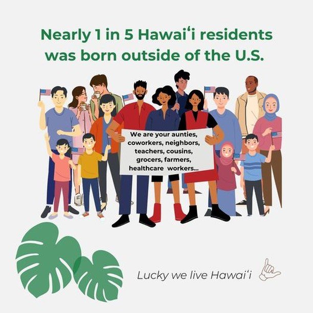Immigrants make up close to 20% of Hawaiiʻs population.
- Over 110,000 are non-U.S. citizens.
- Of those, over 41,000 are eligible to become citizens (&amp; may need help applying).
- Over 48,000 are out of status or undocumented.
Documented and undo