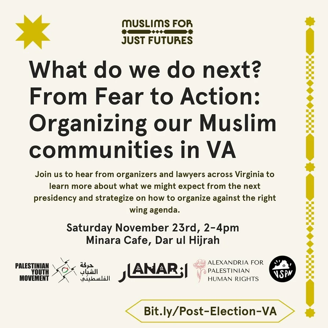 Sign up to join MJF and @vastudentpower, alongside our cosponsors @projectanar @dmvpym @alx4palestine this Saturday to strategize around the organizing we need to protect our communities and build power under the next administration. bit.ly/Post-Elec