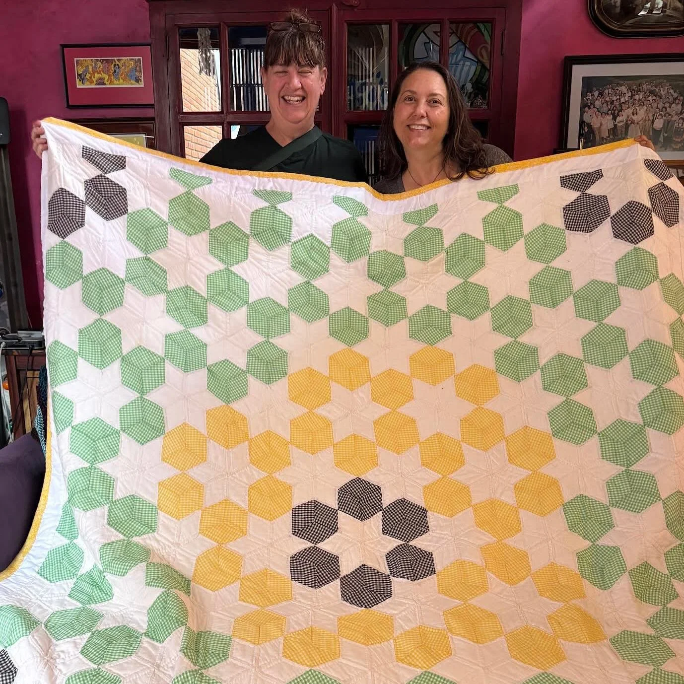 Our first project submitted from Mexico! This beautiful quilt was begun by Marie for her granddaughter Donya, and was a group effort. We matched it with its first finisher, Patricia, who finished piecing the top. Our partners JOANN stepped in and pro