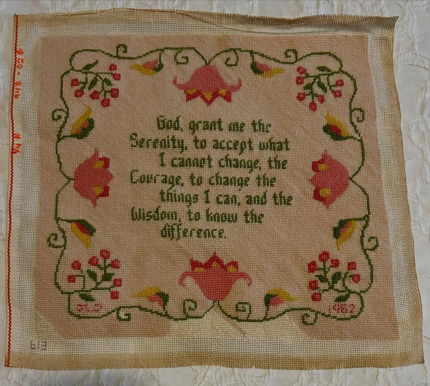 &ldquo;My mom started this canvas because the prayer was special to me. I think she ran out of yarn, then developed eye problems, and now has dementia. My project turned out amazing. Laura Walker was so easy to work with and finished the undone piece