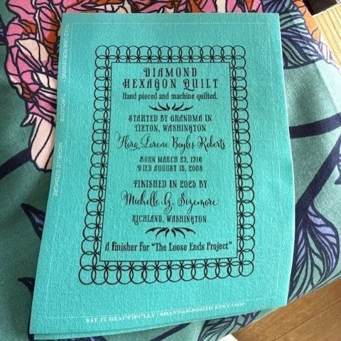 My grandma (Flora) did these pieces before she died, never having a chance to sew the top together or finish the quilt. Recently, my sister was cleaning our her condo and found a whole box of pieces that Grandma made before she died. The quilts are a