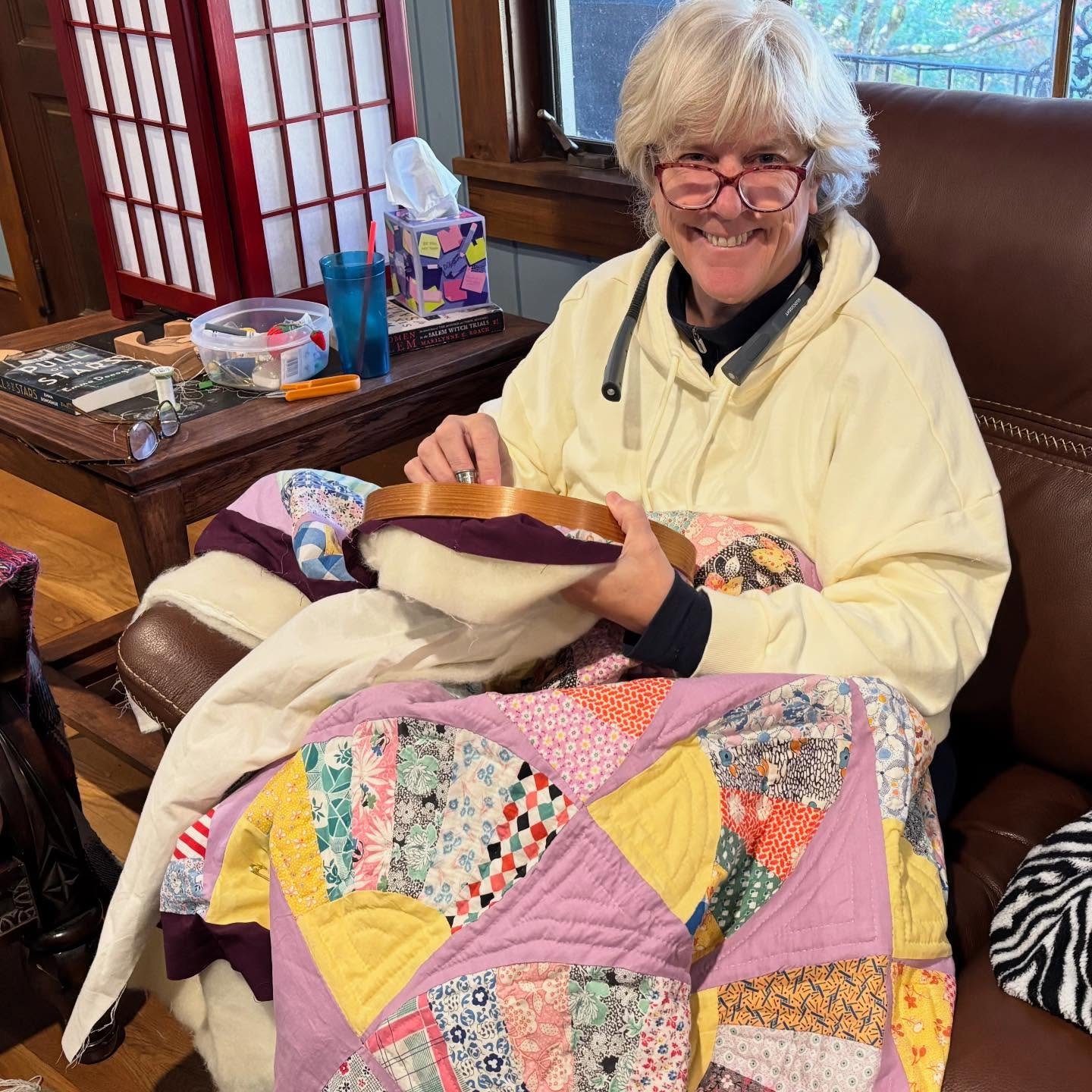 &ldquo;The quilt was hand-pieced, so it was a little &ldquo;wonky&rdquo; in places &mdash; too much fabric in some areas, and it wouldn&rsquo;t lie flat. I consulted with my quilting friends, and they helped me figure out a way to ease the extra fabr