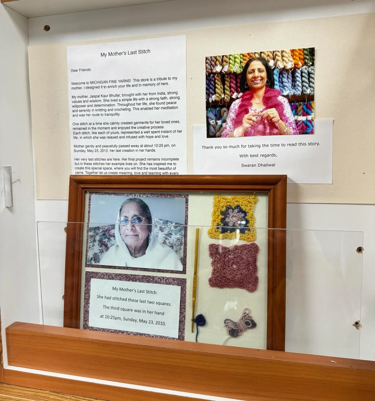 Yesterday, Loose Ends received a donation from Michigan Fine Yarns - our nonprofit was the recipient of a percentage of sales from their sample sale. 

Michigan Fine Yarns was founded by Swaran, whose mother, Bibi, was an avid knitter and crocheter. 