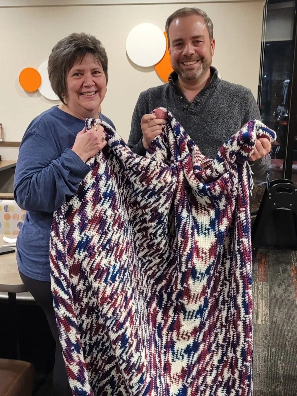 In Michael&rsquo;s words: &ldquo;I met Molly tonight at the Eat N&rsquo; Park at South Hills Village. When I showed up, I saw my Aunt Lynn&rsquo;s bag, and a new bag that had my completed afghan. Molly, in two short months completed what I have carri