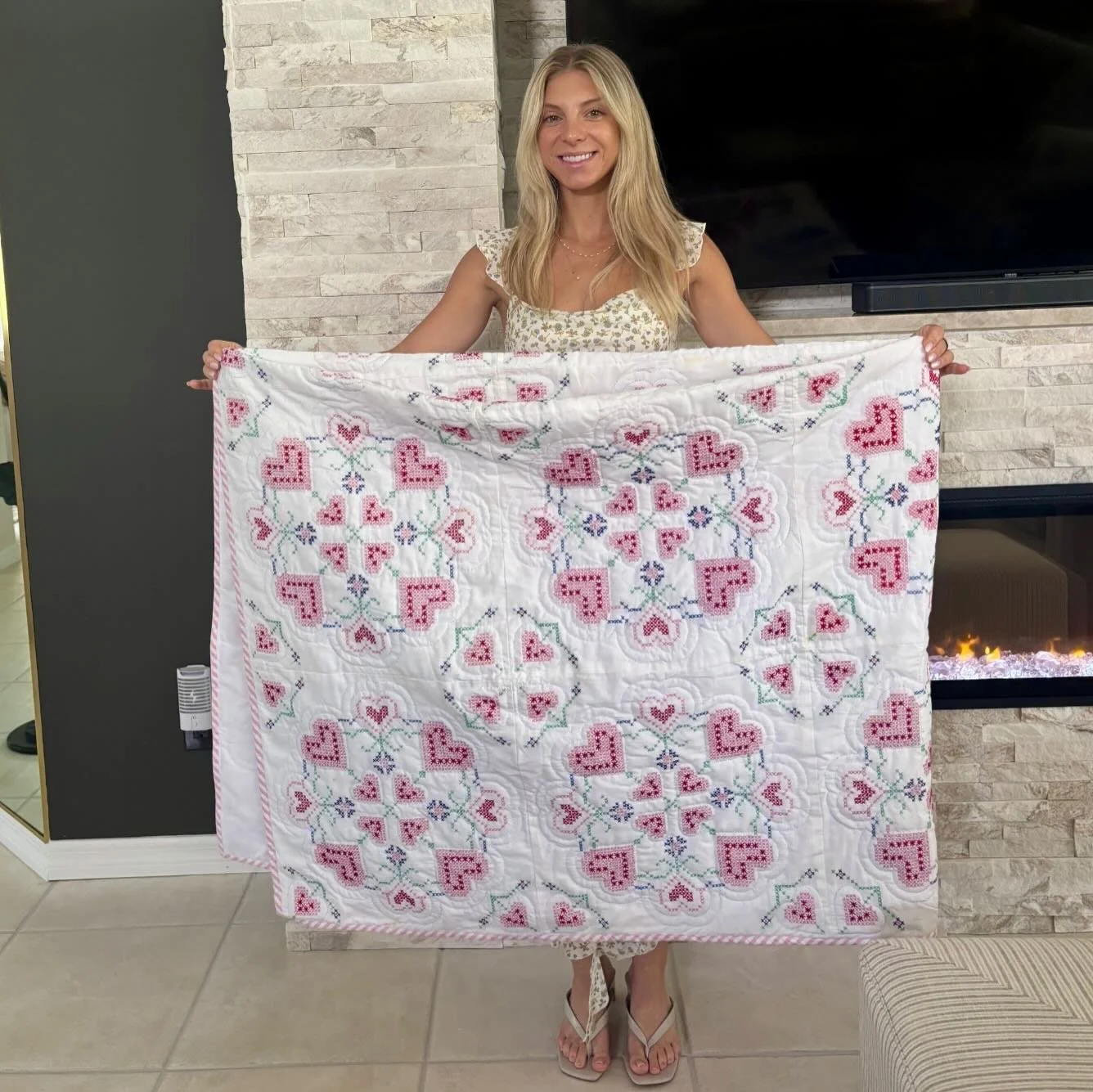 Sherry&rsquo;s cousin Bebe started this project long ago. &ldquo;My daughter is an adult now, and I know she would really appreciate it and doesn&rsquo;t know of it. It would be a nice surprise.&rdquo; The quilt consists of twenty 4x5 blocks with cro
