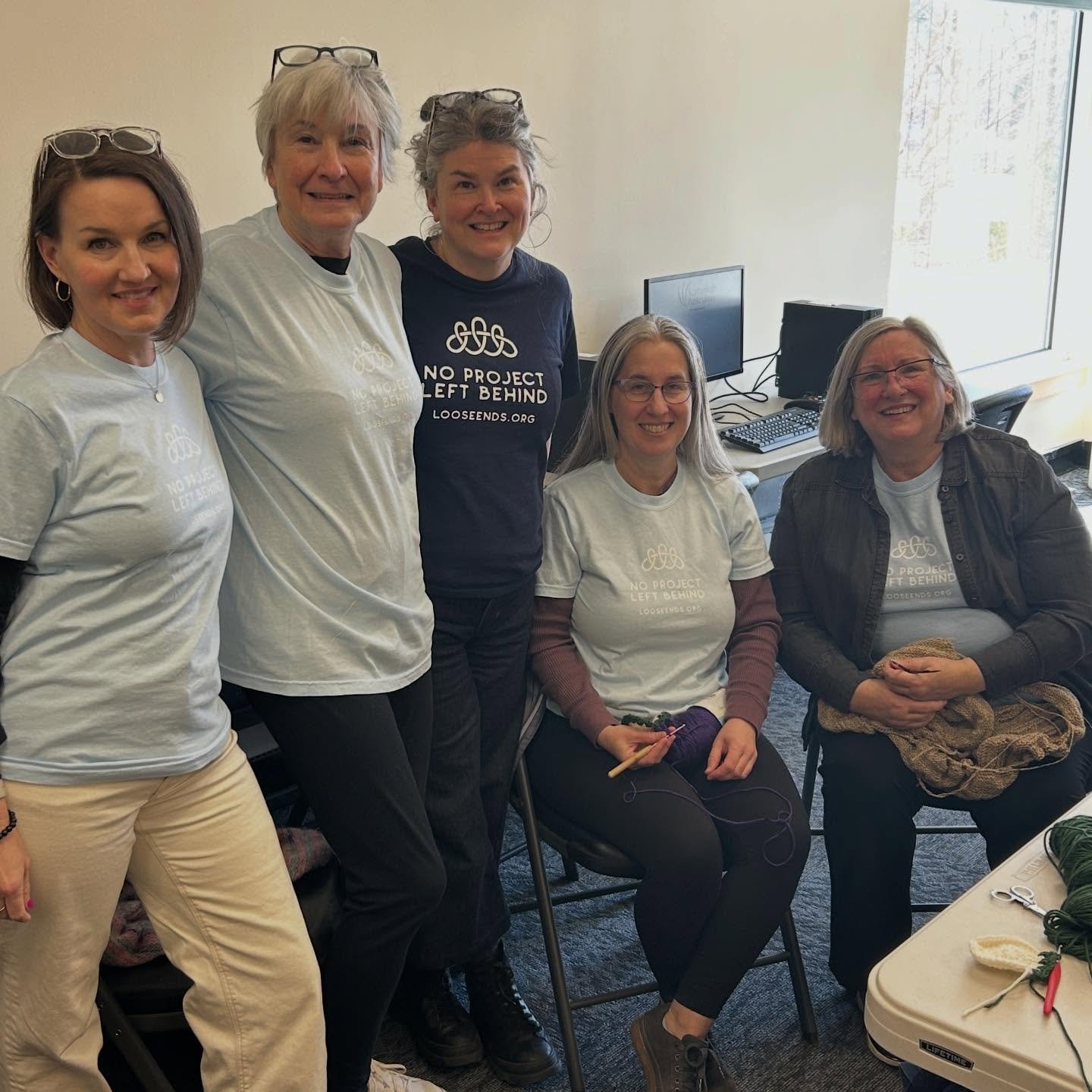 We five on the Loose Ends @knitforfoodknitathon team spent the day at @scarboroughpubliclibrary knitting (and crocheting) and making new friends, and eating snacks and helping each other with stuff. So much fun. Hope to see some folks tonight at game