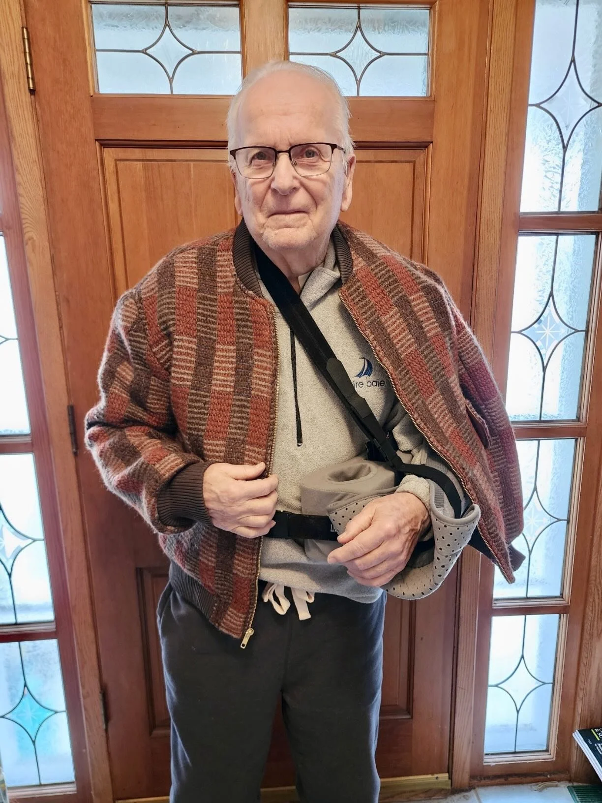 Judith took up weaving &ldquo;as her empty nest craft,&rdquo; and wove many things. She was making her husband a bomber jacket, made with her own woven fabric, but left it unfinished. 

Four finishers declined this project before it was matched with 