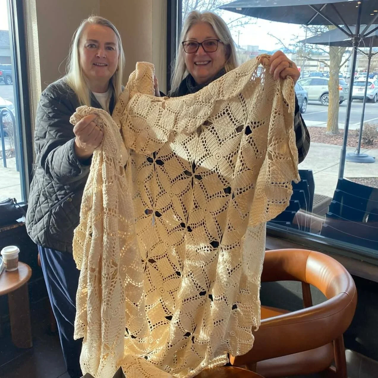 &ldquo;Jean was my Mom&rsquo;s twin sister. She&rsquo;s the one on the right in the photo at their 91st birthday. She started this bedspread over 30 years ago. She would work on it with her husband while they watched Lawrence Welk on TV. After Uncle 