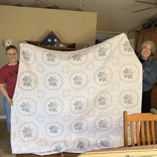 A note to Kim from Elizabeth, her finisher, upon completion and return of her quilt. 

&ldquo;Dear Kim, Thank you for the opportunity to finish this beautiful quilt started by your grandma and your mom. Remember when we met, and I was on the knee sco