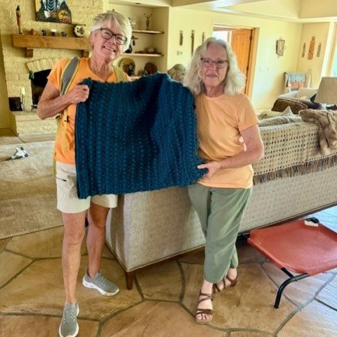 Roberta had been working on this afghan to gift to her granddaughter as she was heading off to college. Arthritis slowed her down, but she kept working on it until her death.

The blanket was matched with Loose Ends finisher, Cindy, who learned a new