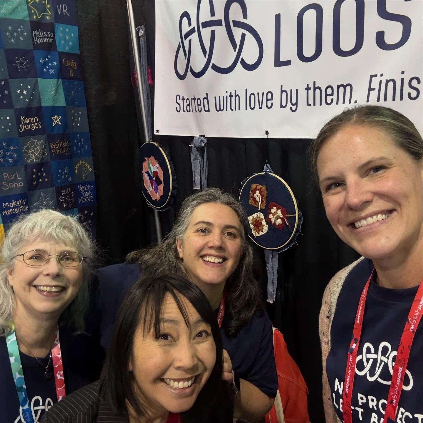 Crossing paths with the legend, the one and only, @gettohookingcrochet at @hhamericas &mdash; seen here with Jean (Loose Ends director of community and engagement) and some of our awesome Chicago volunteers at booth 1616. 🩷🩷🩷