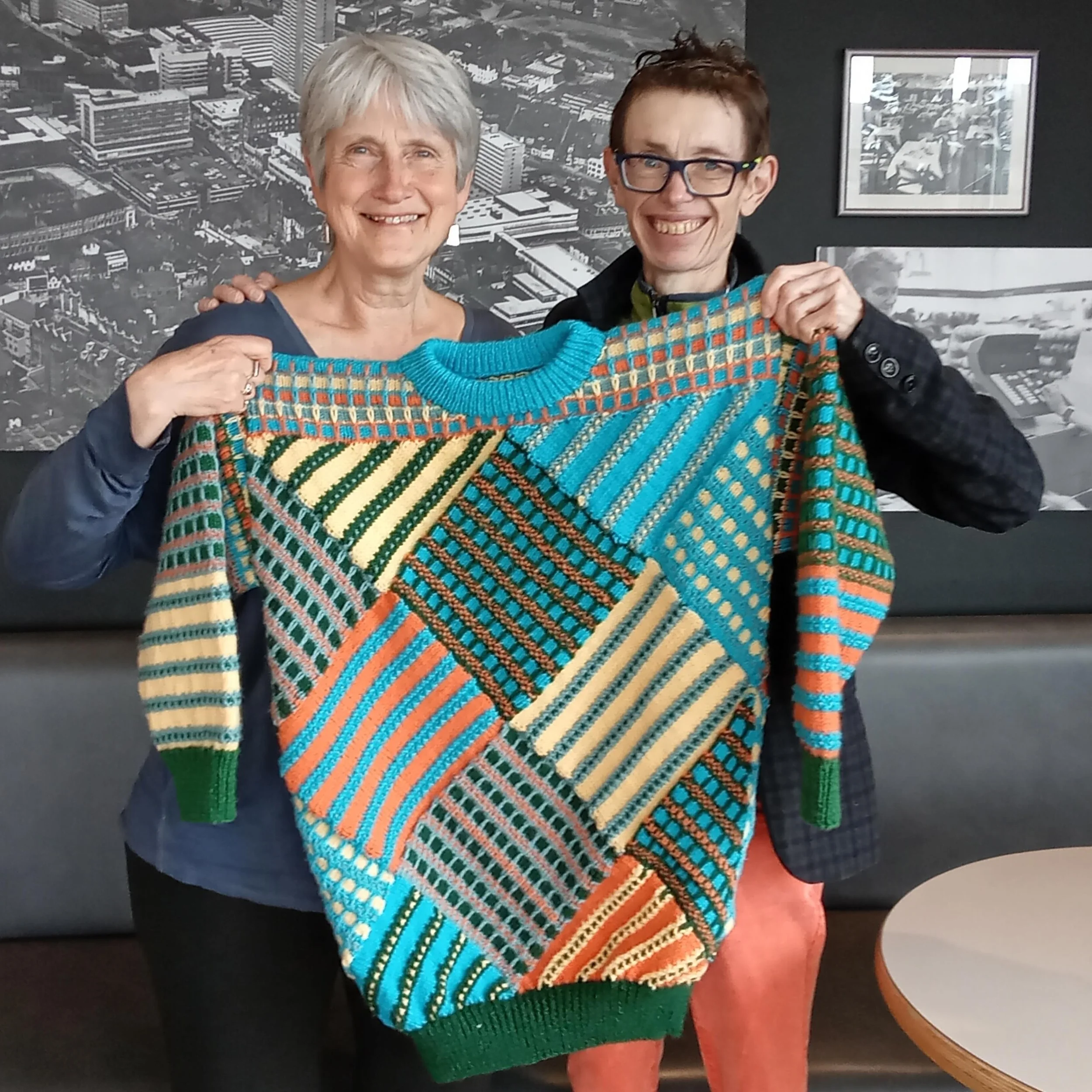 Shelagh died before she could complete this project, a stunning multicolor jumper. Anna, her daughter, says &ldquo;She was knitting right up to the end.&rdquo; This project was matched with UK finisher, Hilary, who spent 200 hours completing it for A